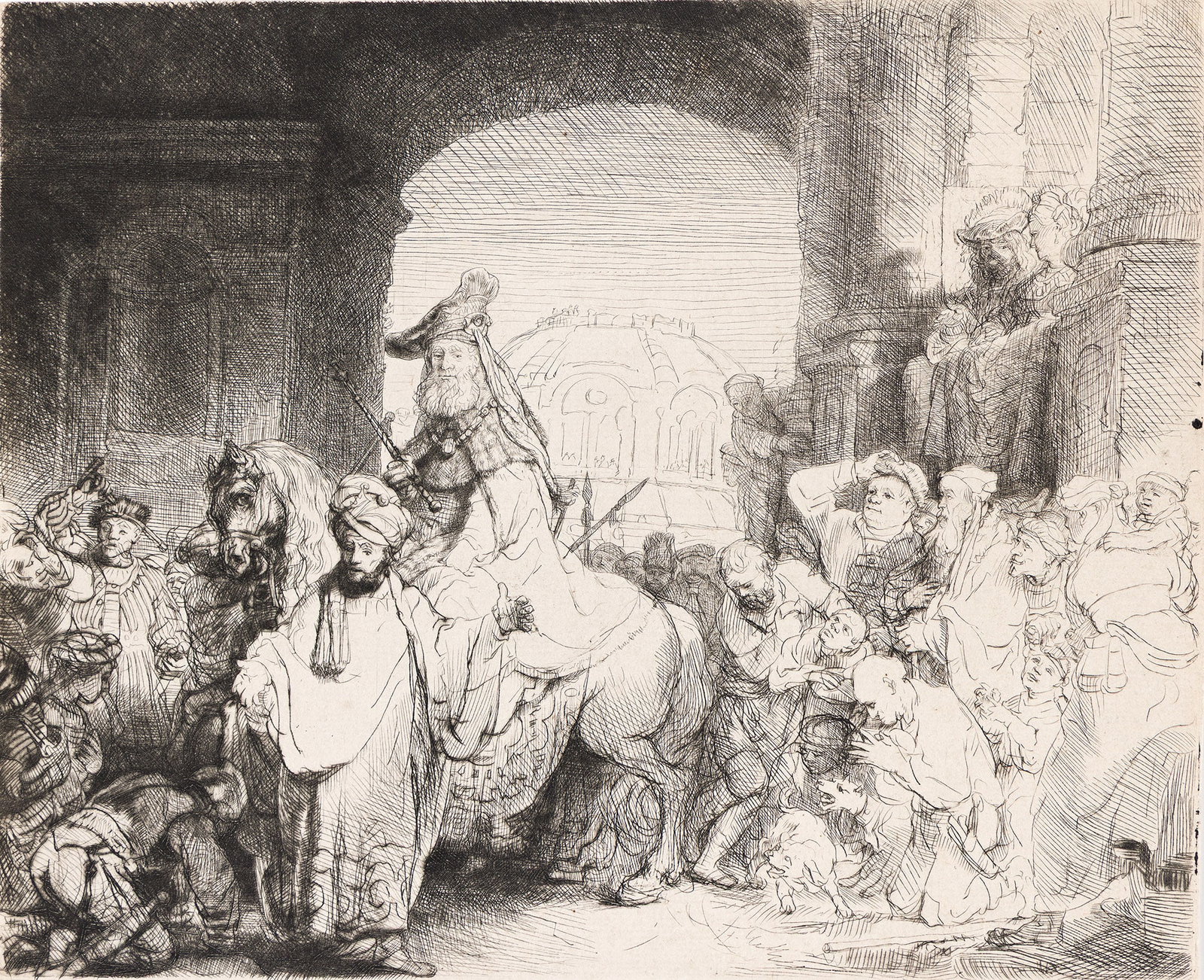 Rembrandt van Rijn (1606-1669), The Triumph of Mordecai, circa 1641.: Rembrandt van Rijn (1606-1669) The Triumph of Mordecai. Etching and drypoint, circa 1641. Usticke's first state (e) (of 2), before the addition of aquatint; New Hollstein third state (of 4). A fine, w