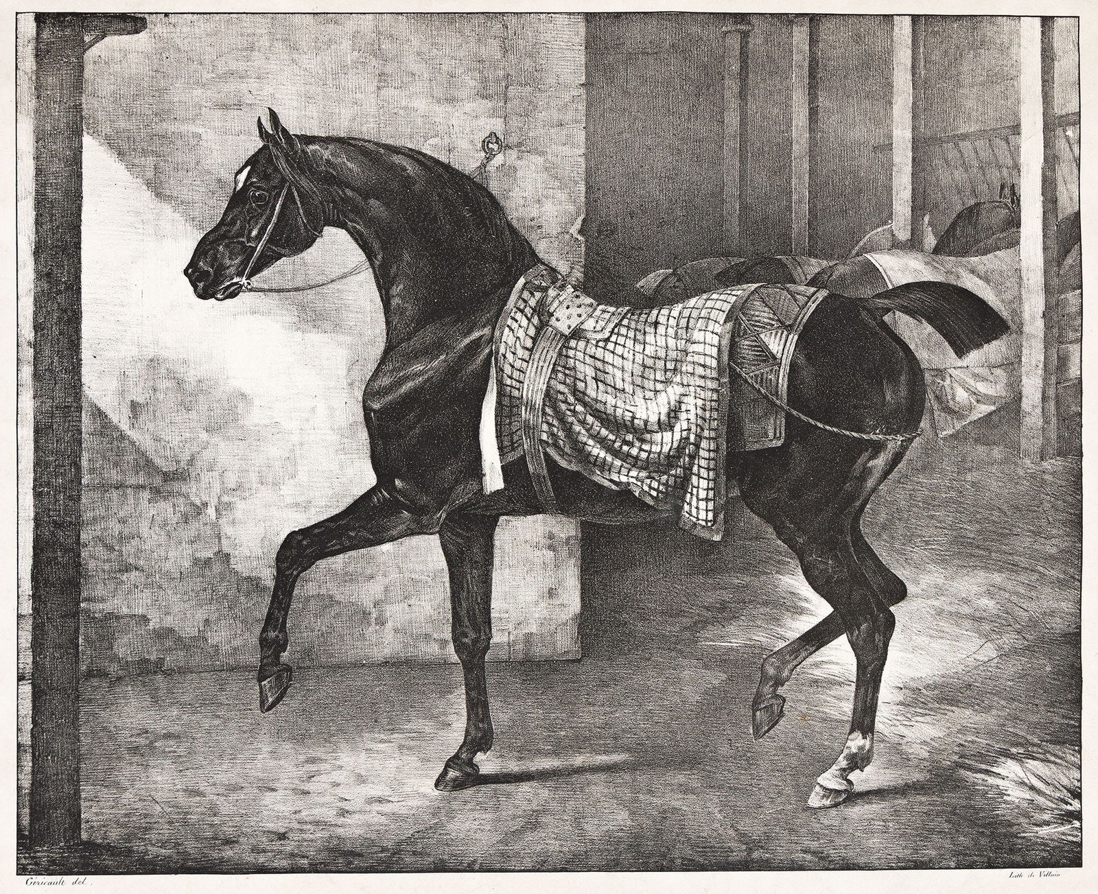 Théodore Géricault (1791-1824), Cheval noir attaché dans une écurie, circa 1820.: Théodore Géricault (1791-1824) Cheval noir attaché dans une écurie. Lithograph, circa 1820. Image: 12 3/4 x 15 7/8 in. (32.4 x 40.3 cm.), full margins.
