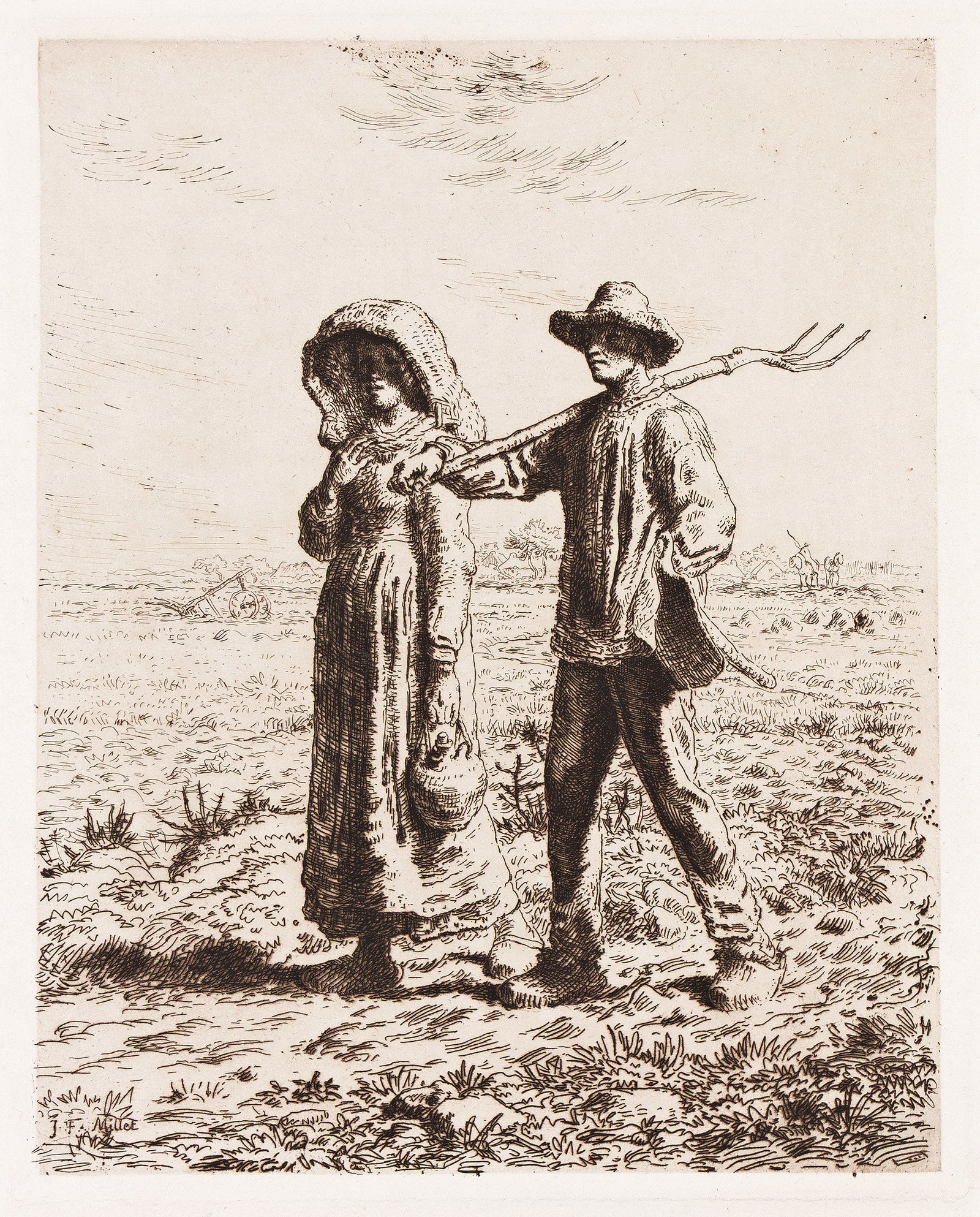 Jean-François Millet (1814-1875), Le Départ pour le travail, 1863.: Jean-François Millet (1814-1875) Le Départ pour le travail. Etching printed in dark brownish black, 1863. Fourth state (of 7). Delteil 19; Melot 19. Plate: 15 1/4 x 12 3/8 in. (38.7 x 31.4 c