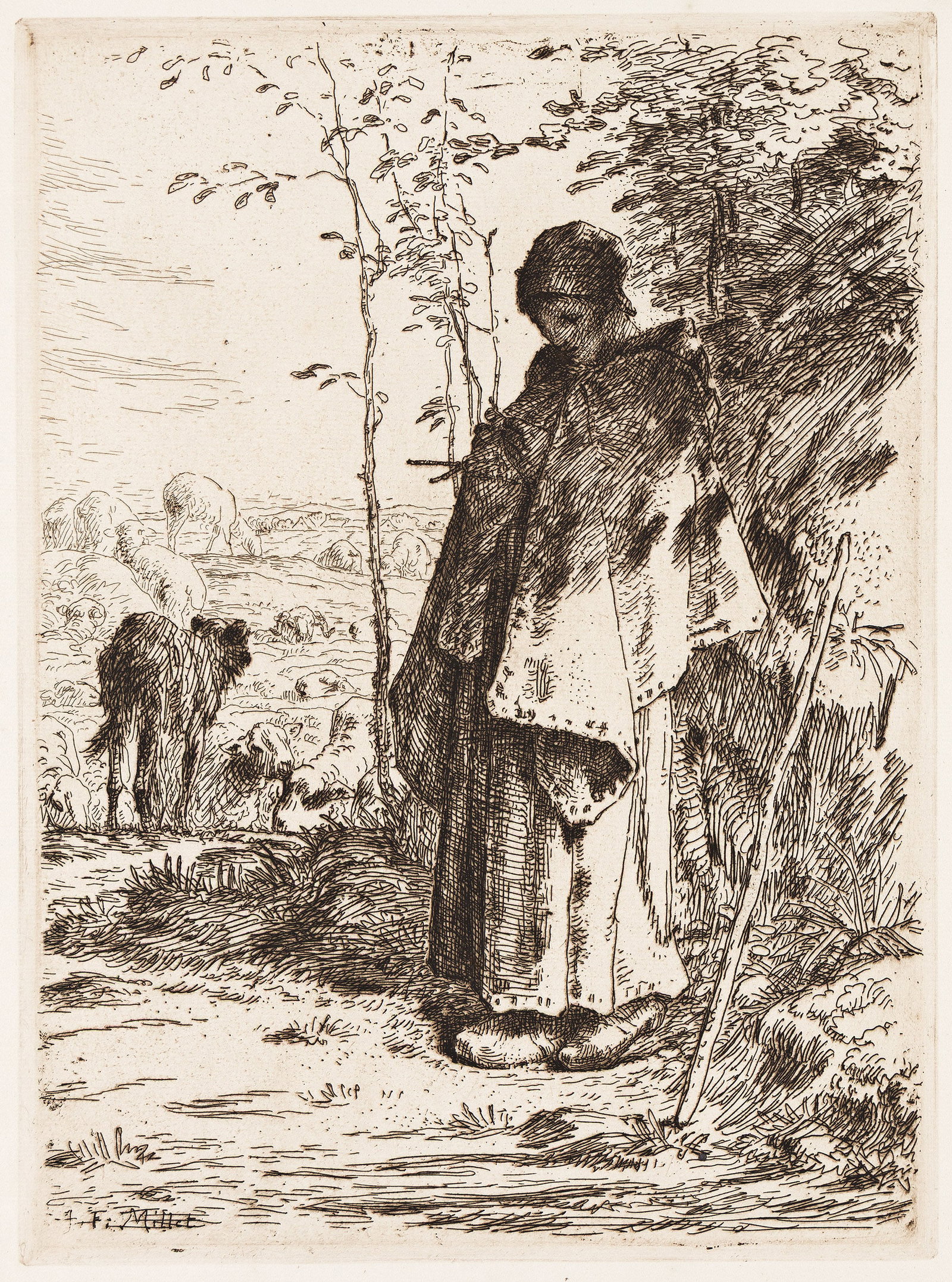 Jean-François Millet (1814-1875), La Grande Bergère, 1862.: Jean-François Millet (1814-1875) La Grande Bergère. Etching printed in dark brownish black on cream laid paper, 1862. Printed by Delâtre, Paris. Published by Cadart, Paris. Delteil 18;