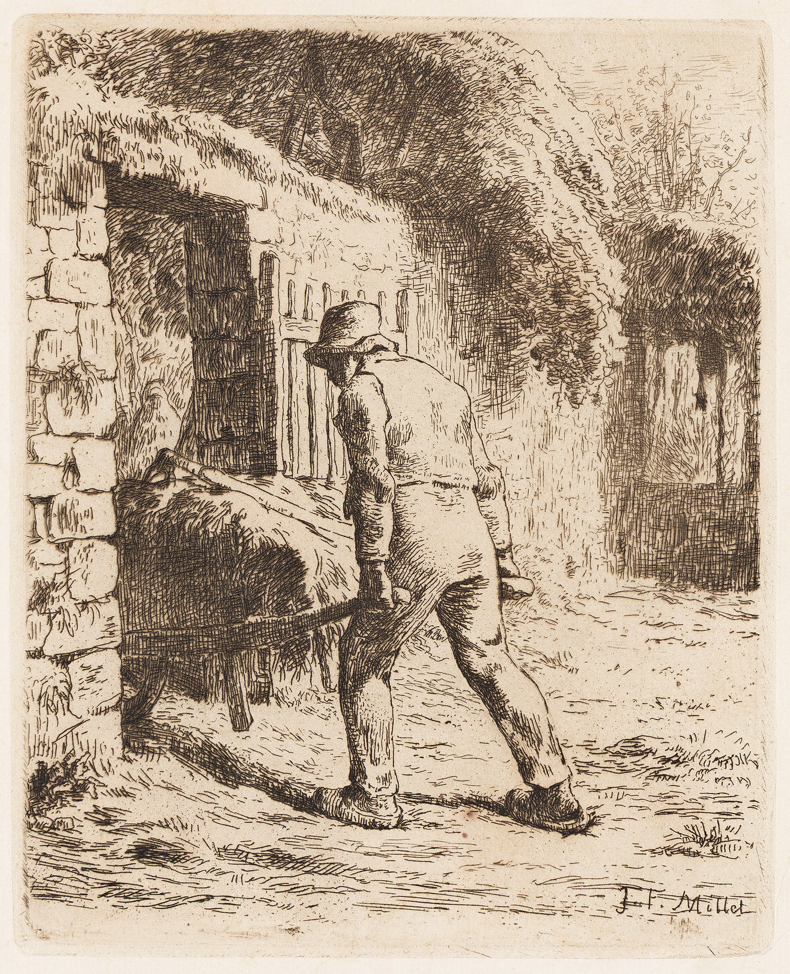Jean-François Millet (1814-1875), Le paysan rentrant du fumier, 1855.: Jean-François Millet (1814-1875) Le paysan rentrant du fumier. Etching printed in brown on thin laid Japan paper, 1855. Fourth state (of 4). Delteil 11; Melot 11. Plate: 6 3/8 x 5 1/8 in. (16 x 1