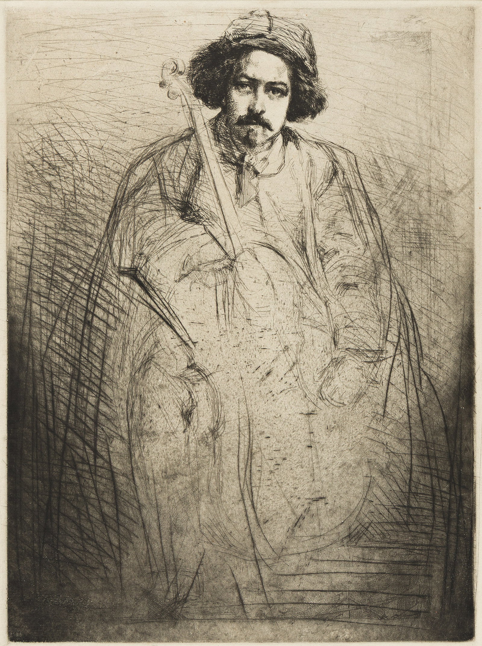 James Abbott McNeill Whistler (1834-1903), J. Becquet, Sculptor, 1859.: James Abbott McNeill Whistler (1834-1903) J. Becquet, Sculptor. Etching and drypoint on antique cream laid paper, 1859. MacDonald's sixth state (of 6), with the small "X"-shaped mark at the upper left