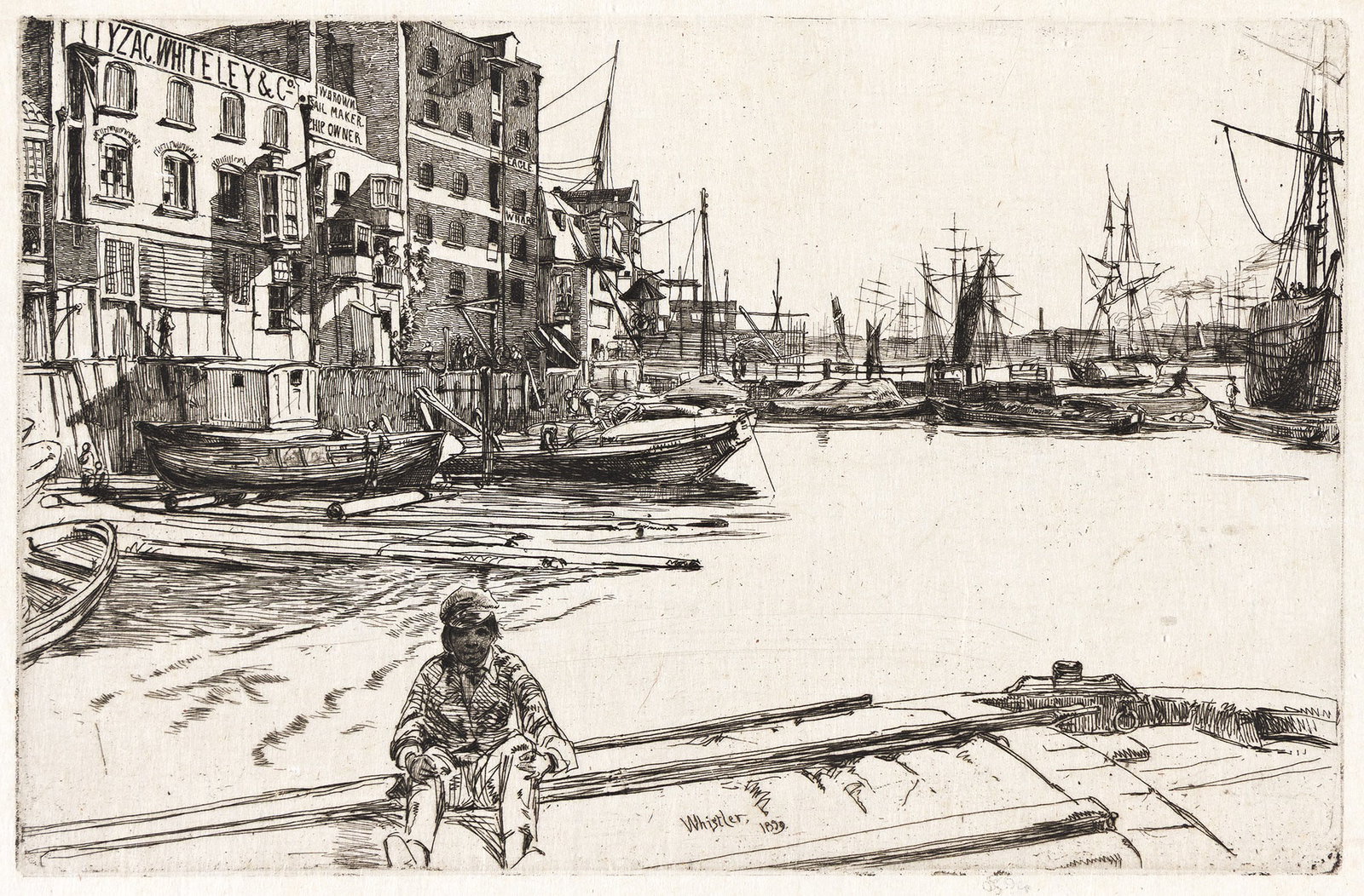 James Abbott McNeill Whistler (1834-1903), Eagle Wharf, 1859.: James Abbott McNeill Whistler (1834-1903) Eagle Wharf. Etching printed in black on tissue-thin Japan paper, 1859. MacDonald's first state (of 2), before cancellation. Signed with the butterfly and ins