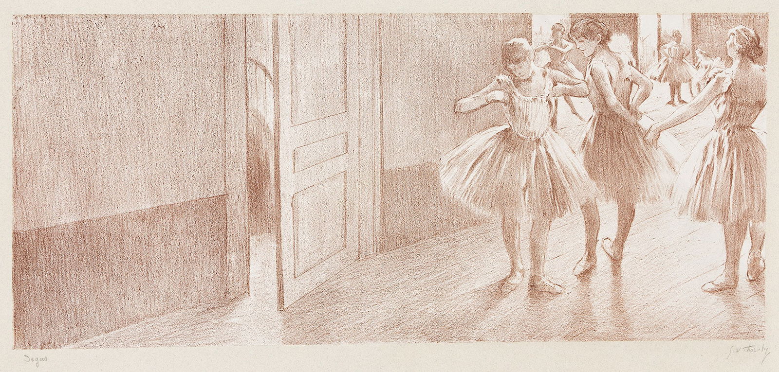 Edgar Degas (1834-1917) & George W. Thornley (1857-1935), La Leçon de Danse, circa 1888-89.: Edgar Degas (1834-1917) & George W. Thornley (1857-1935) La Leçon de Danse. Lithograph printed in reddish brown on Chine appliqué on greenish blue wove paper, circa 1888-89. Signed by bo