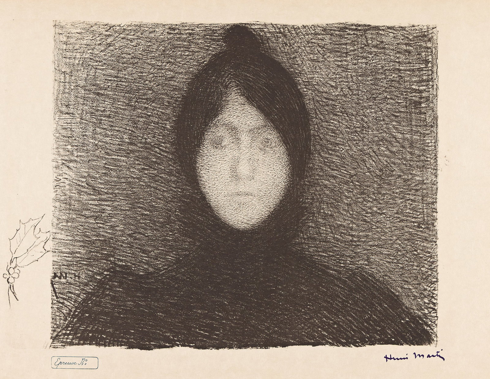 Henri Martin (1860-1943), Indécision, circa 1896.: Henri Martin (1860-1943) Indécision. Lithograph, circa 1896. Artist's proof, with the holly leaves remarqué in the left margin. Signed in ink, lower right, and with the "Epreuve No." ink sta