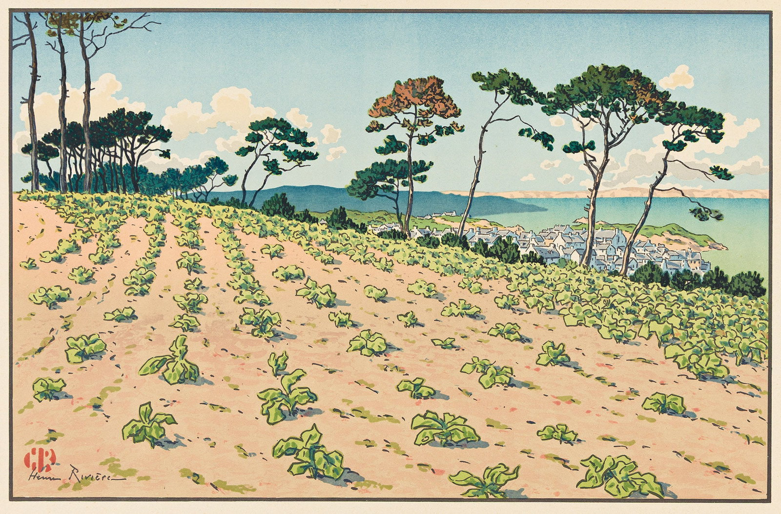 Henri Rivière (1864-1951), Douarnenez vu du Ris, 1916.: Henri Rivière (1864-1951) Douarnenez vu du Ris. Color lithograph, 1916. Printed by Henri Chachoin, Paris. From Le Beau pays de Bretagne. Levasseur & Le Bohec 96. Image: 9 1/8 x 14 in. (23.1 x