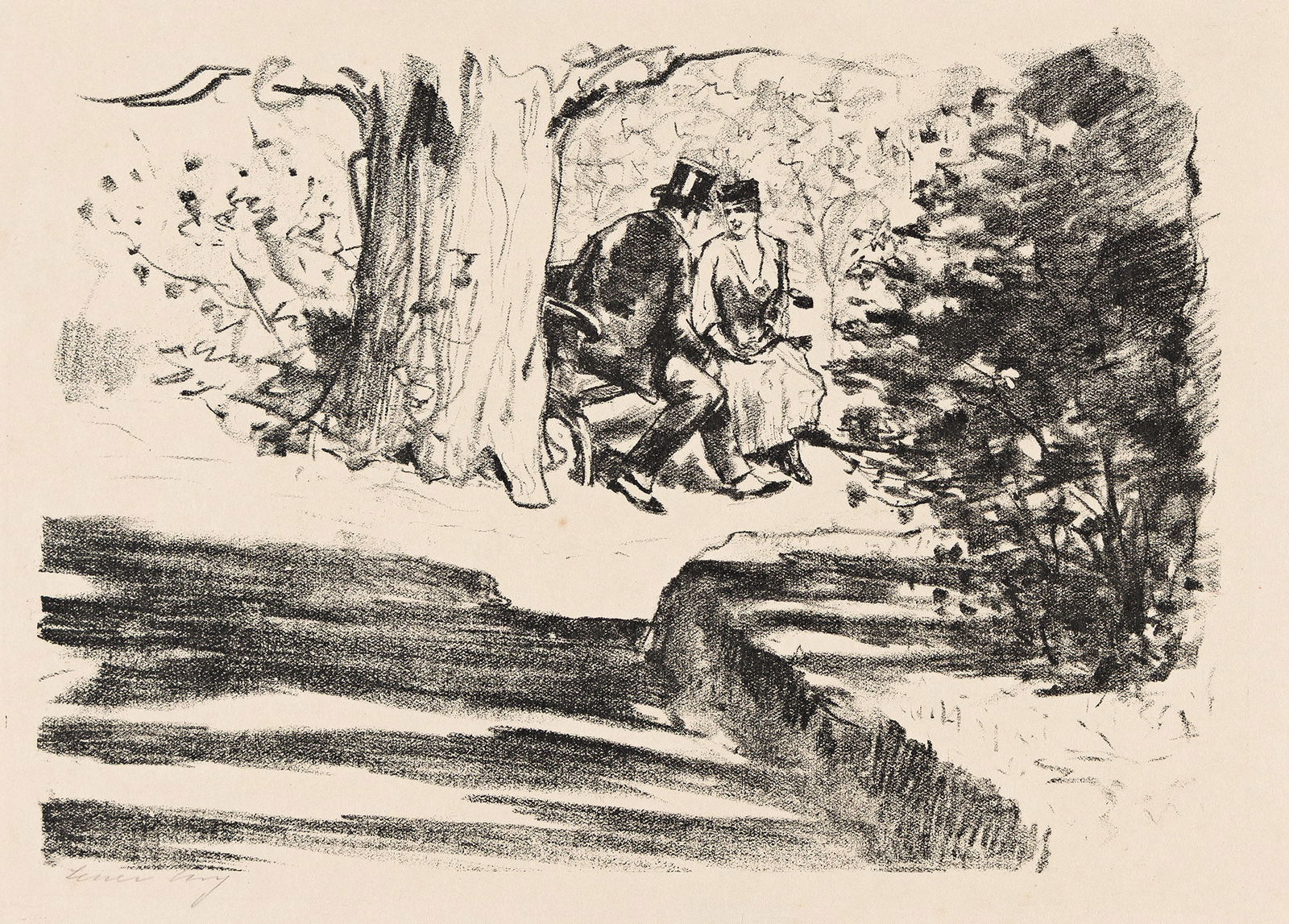 Lesser Ury (1861-1931), Paar auf der Bank, 1919.: Lesser Ury (1861-1931) Paar auf der Bank. Lithograph, 1919. Edition of approximately 30. Signed in pencil, lower left. Published by Fritz Gurlit, Berlin. Rosenbach 46. Image: 7 1/2 x 10 5/8 in. (19.1