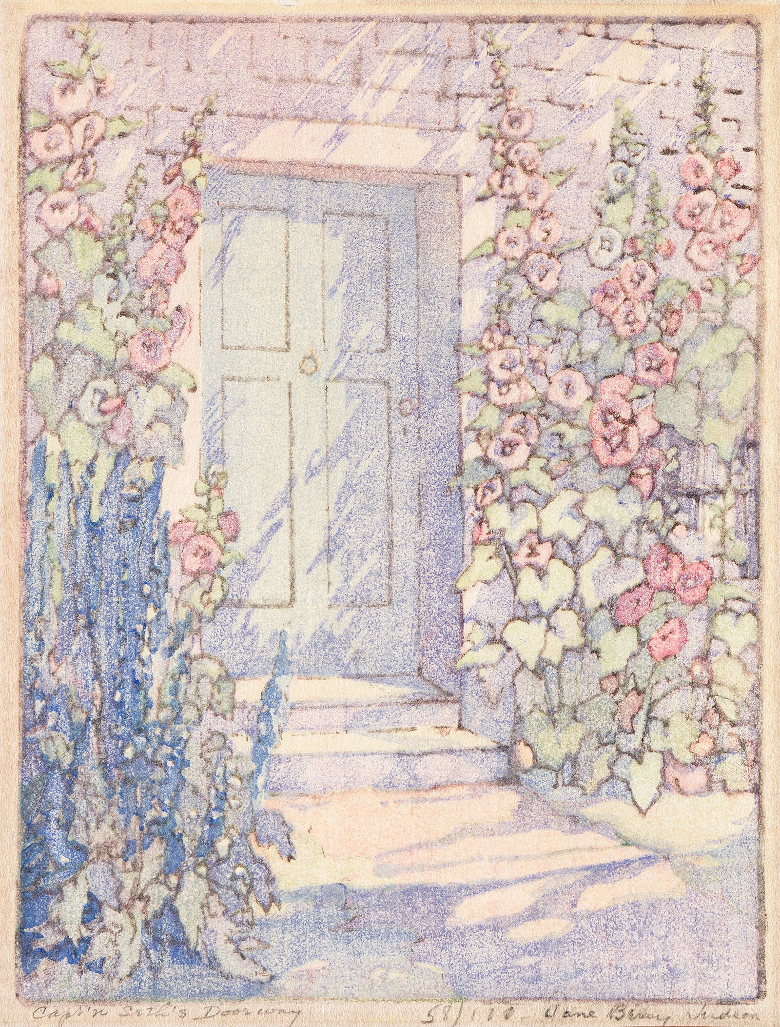 Jane Berry Judson (1865-1935), Capt'n Seth's Doorway.: Jane Berry Judson (1865-1935) Capt'n Seth's Doorway. Color woodcut on Japan paper. Signed, titled and numbered 58/100 in pencil, lower margin. Image: 8 x 6 in. (20.3 x 15.2 cm.), wide margins. Frame:
