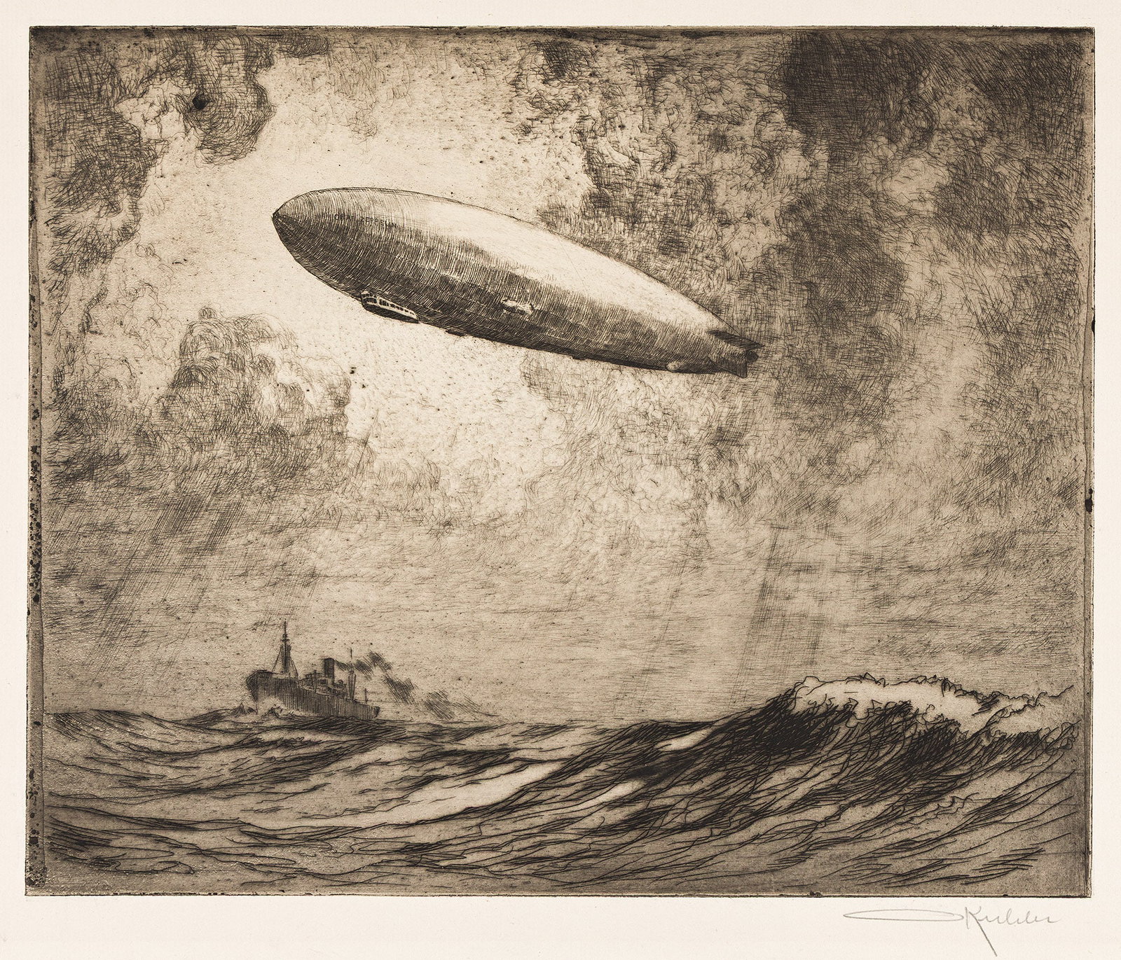 Otto August Kuhler (1894-1976), Queen of the Clouds, 1924.: Otto August Kuhler (1894-1976) Queen of the Clouds. Drypoint on laid paper, 1924. Edition of 50. Signed in pencil, lower right. Plate: 9 x 10 7/8 in. (22.9 x 27.6 cm.), wide margins. Frame: 15 5/8 x 1