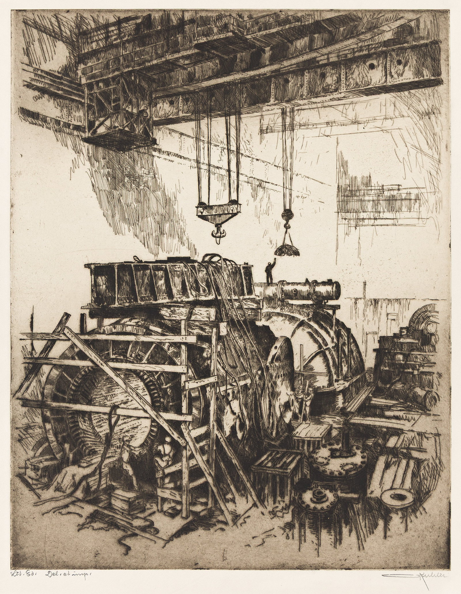 Otto August Kuhler (1894-1976), Turbine Construction, 1927.: Otto August Kuhler (1894-1976) Turbine Construction. Etching, 1927. Edition of approximately 15-20. Signed and inscribed "Ltd. Ed. Del. et imp." in pencil, lower margin. Kennedy 12. Plate: 17 3/4 x 14