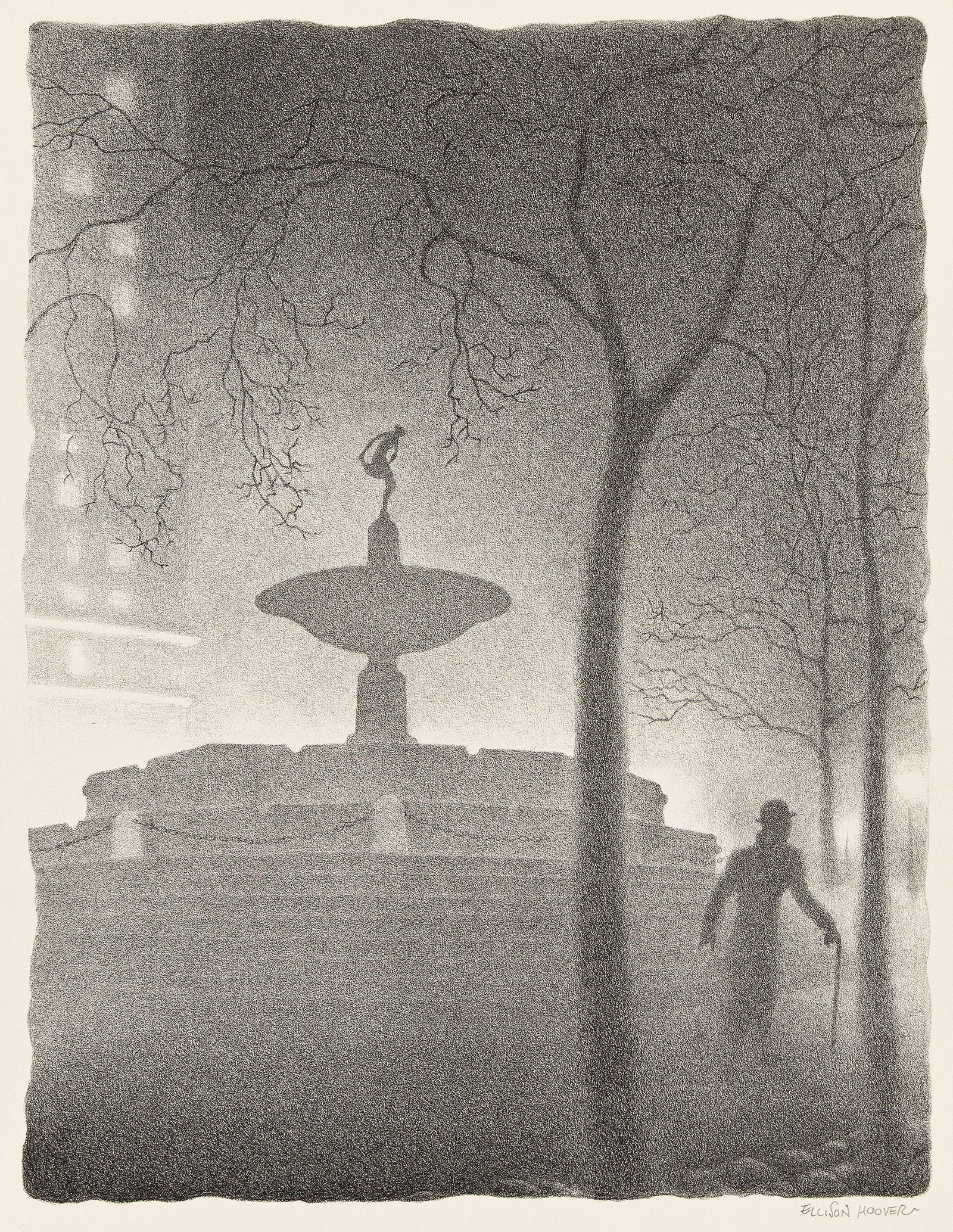 Ellison Hoover (1888-1955), Pulitzer Fountain, Evening, circa 1930.: Ellison Hoover (1888-1955) Pulitzer Fountain, Evening. Lithograph, circa 1930. Edition of approximately 40. Signed in pencil, lower right. Image: 12 1/2 x 9 5/8 in. (31.8 x 24.4 cm.), full margins.