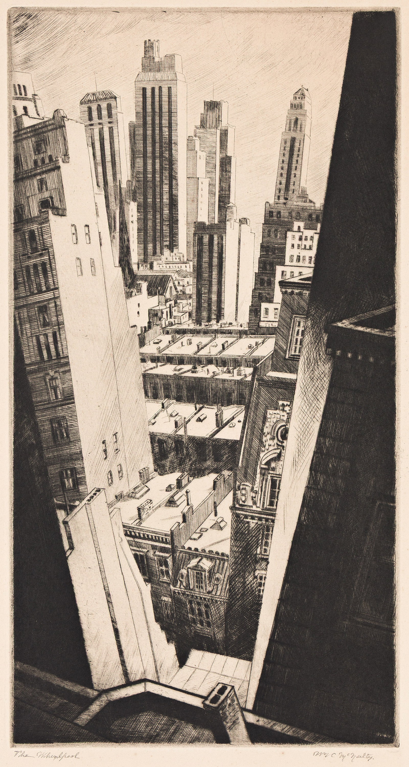 William C. McNulty (1884-1963), In the Fifties (The Whirlpool), 1930.: William C. McNulty (1884-1963) In the Fifties (The Whirlpool). Etching, 1930. Signed and titled "The Whirlpool" in pencil, lower margin. Plate: 13 1/2 x 7 1/8 in. (34.3 x 18.1 cm.), wide margins.