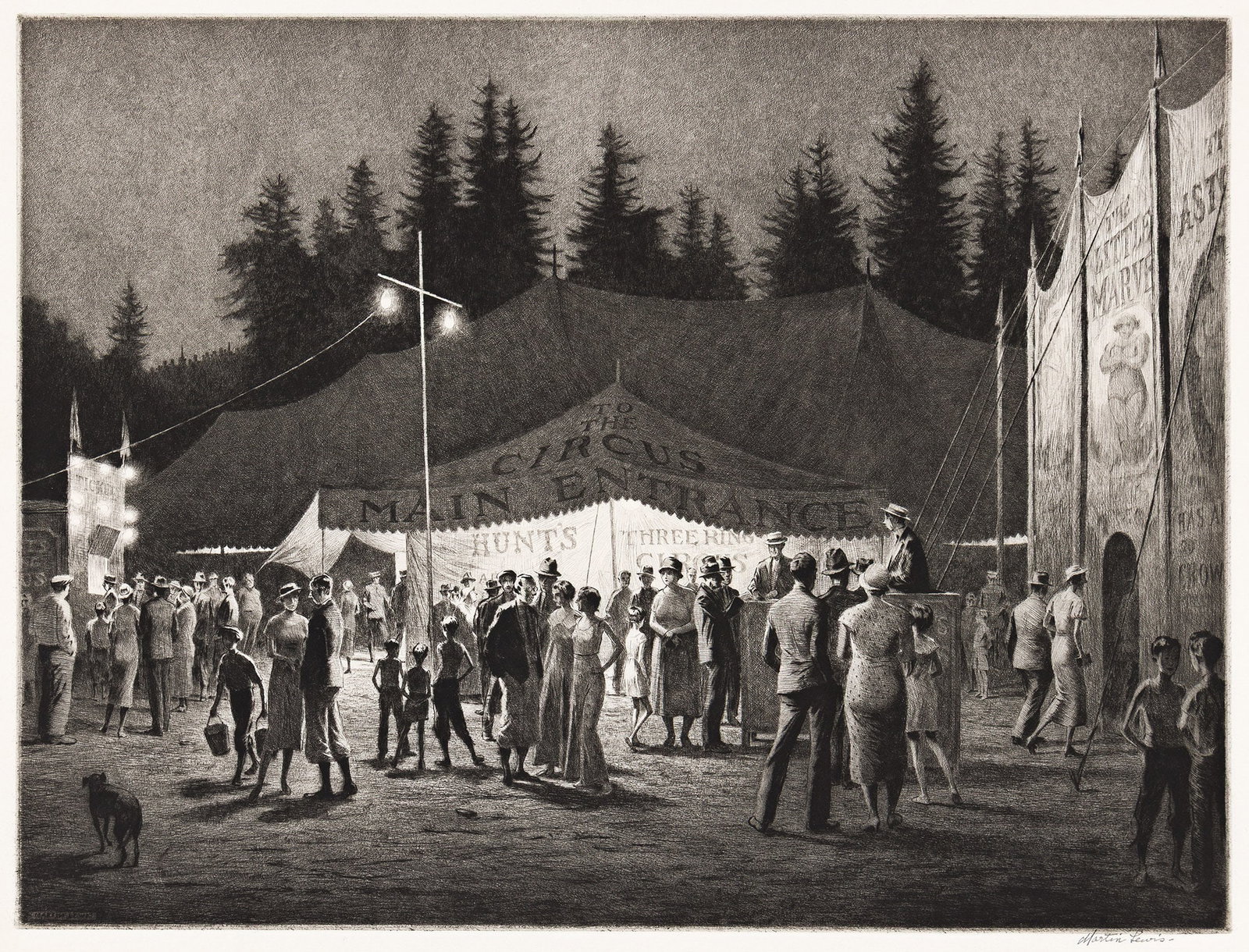 Martin Lewis (1881-1962), Circus Night, 1933.: Martin Lewis (1881-1962) Circus Night. Drypoint and sandpaper ground on laid paper, 1933. Edition of 43. Signed in pencil, lower right. McCarron 103. Plate: 11 x 14 5/8 in. (28.1 x 37.3 cm.), full mar