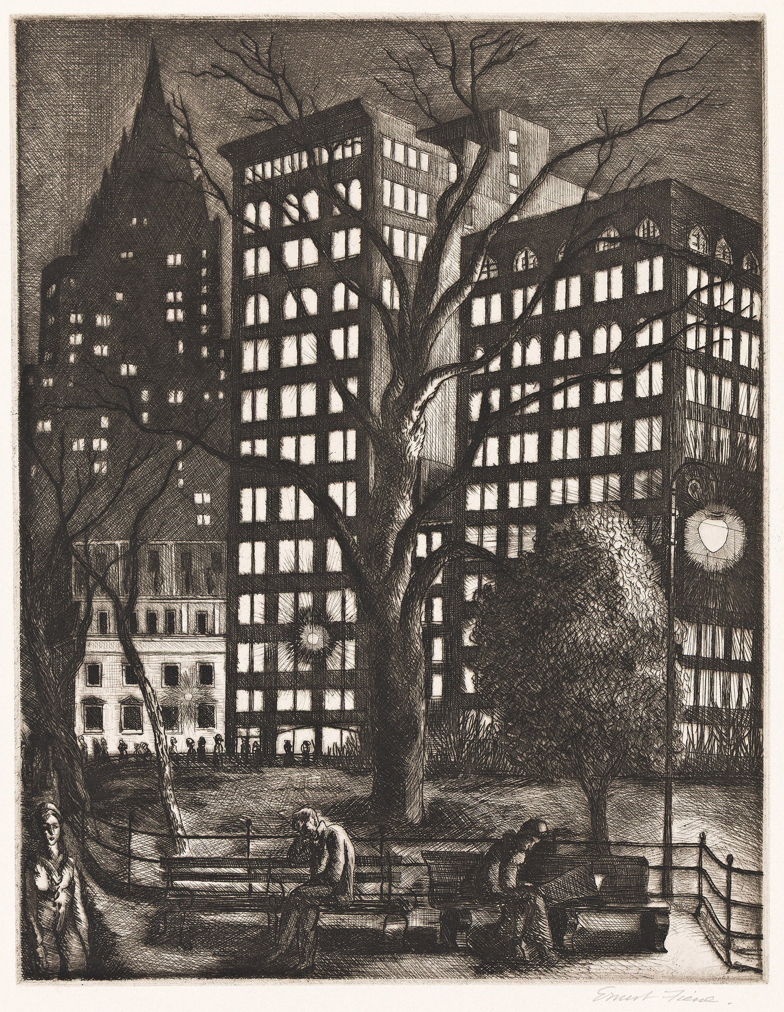 Ernest Fiene (1894-1965), City Lights (Madison Square Park, New York), 1932.: Ernest Fiene (1894-1965) City Lights (Madison Square Park, New York). Etching and drypoint, 1932. Edition of 40. Signed in pencil, lower right. Plate: 12 x 9 1/4 in. (30.5 x 23.5 cm.), wide margins.