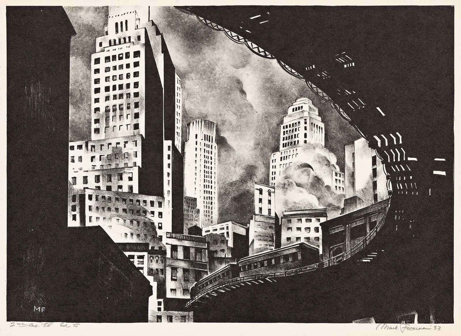 Mark Freeman (1908-2003), 2nd Avenue El, 1933.: Mark Freeman (1908-2003) 2nd Avenue El. Lithograph, 1933. Edition of 75. Signed, titled, dated and inscribed "Ed 75" in pencil, lower margin. Image: 10 1/4 x 14 1/4 in. (26 x 36.2 cm.), wide margins.