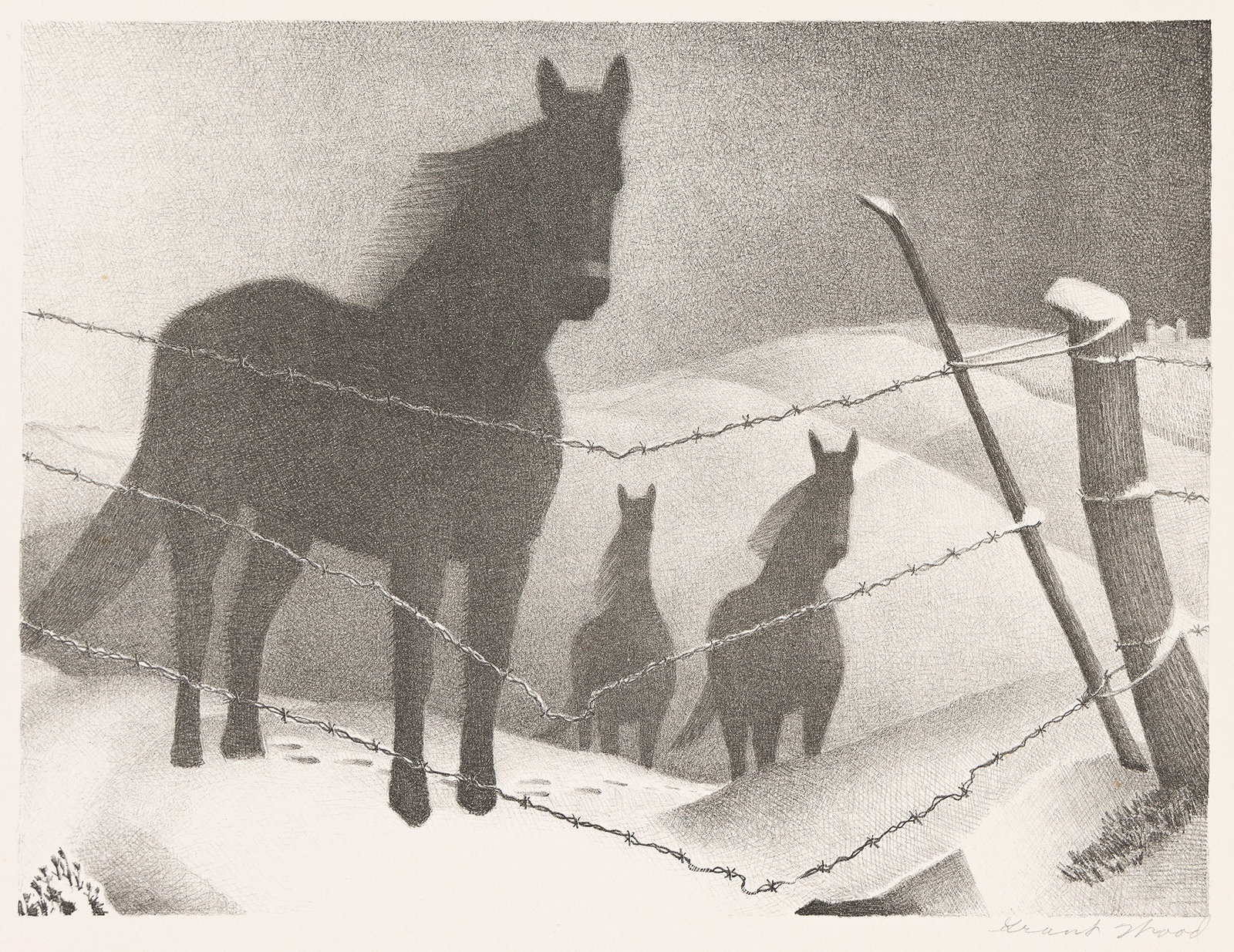 Grant Wood (1891-1942), February, Lithograph, 1941.: Grant Wood (1891-1942) February. Lithograph, 1941. Edition of 250. Signed in pencil, lower right. Published by Associated American Artists, New York. Cole 17. Image: 9 x 11 7/8 in. (22.9 x 30.2 cm.),