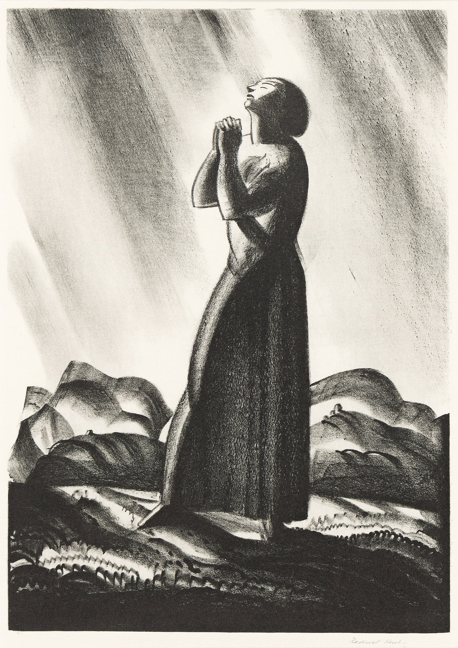 Rockwell Kent (1882-1971), Meditation, 1929.: Rockwell Kent (1882-1971) Meditation. Lithograph, 1929. Edition of 100. Signed in pencil, lower margin. Burne-Jones 35. Image: 10 3/8 x 7 3/8 in. (26.4 x 18.7 cm.), wide margins. Frame: 20 x 15 in. (5