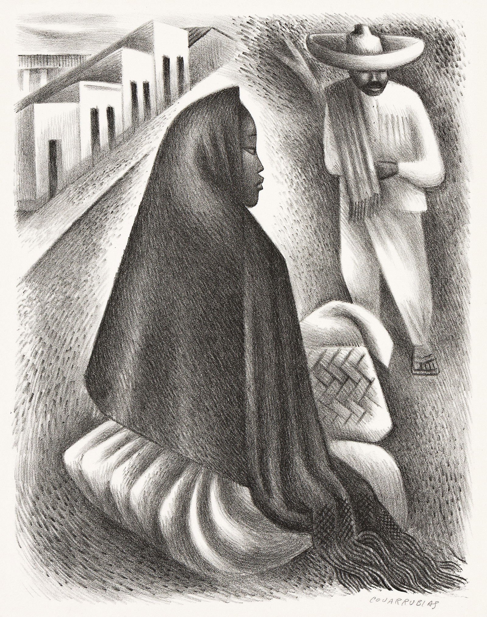 Miguel Covarrubias (1904-1957), Mexican Street Scene, circa 1940.: Miguel Covarrubias (1904-1957) Mexican Street Scene. Lithograph, circa 1940. Edition of 250. Signed in pencil, lower right. Published by Associated American Artists, New York. Image: 12 1/2 x 9 3/4 in