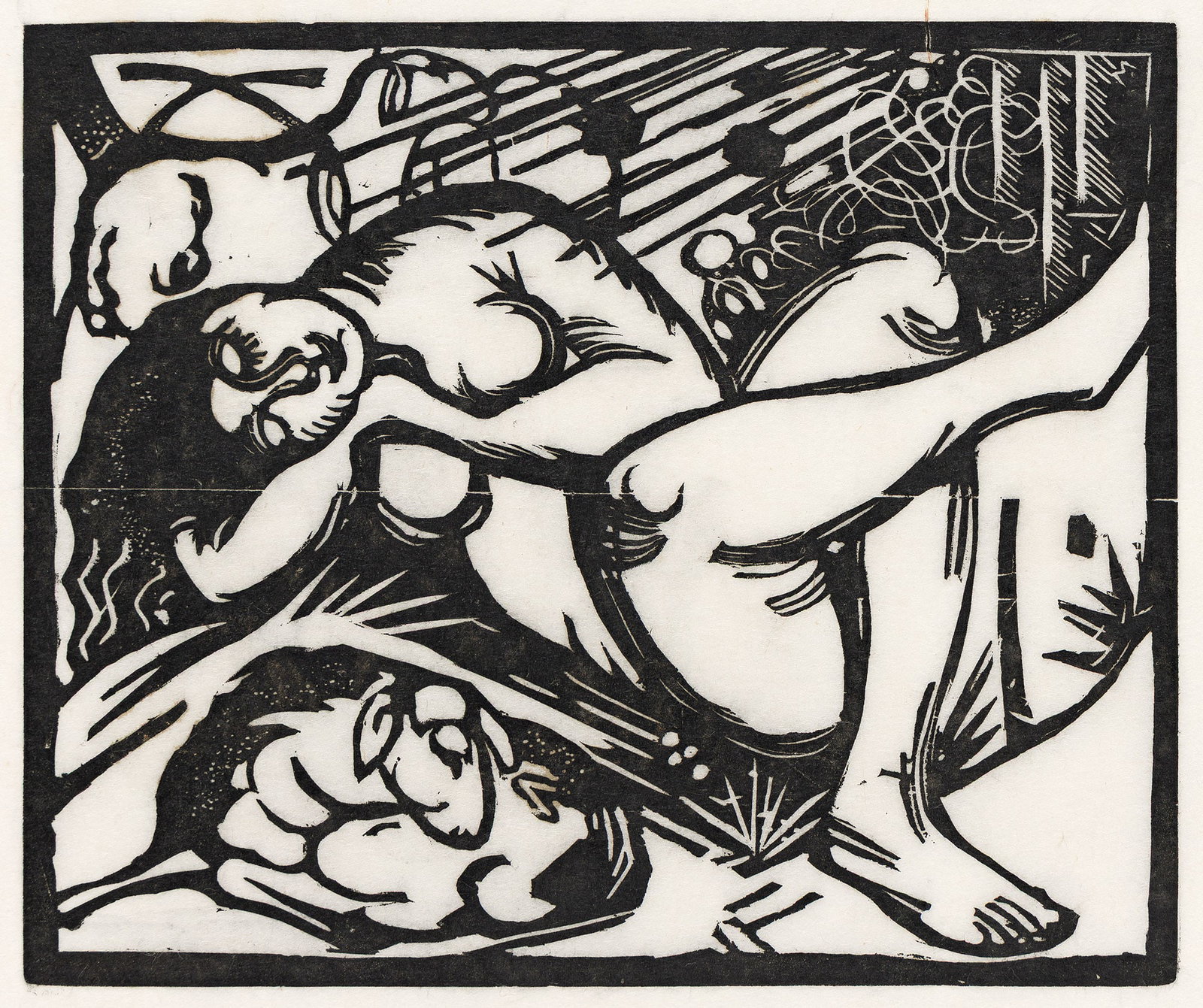 Franz Marc (1880-1916), Schlafende Hirtin, 1912.: Franz Marc (1880-1916) Schlafende Hirtin. Woodcut on tissue thin Japan paper, 1912. Signed and titled by the artist's wife, Maria Marc, in pencil, verso. With the artist's estate ink stamp (Lugt 1782b