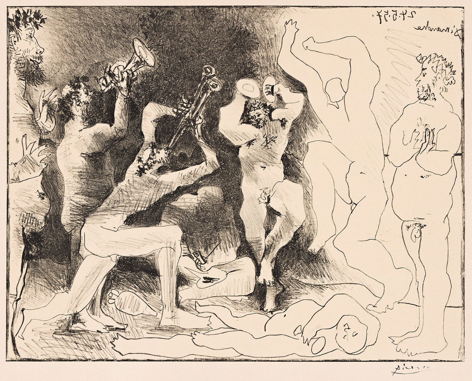 Pablo Picasso (1881-1973), Danse des Faune, 1957.: Pablo Picasso (1881-1973) Danse des Faunes. Lithograph on Arches, 1957. Edition of 1000. With the artist's black ink stamp signature, lower right. Published by Le Patriote, Nice. Bloch 830; Mourlot 29