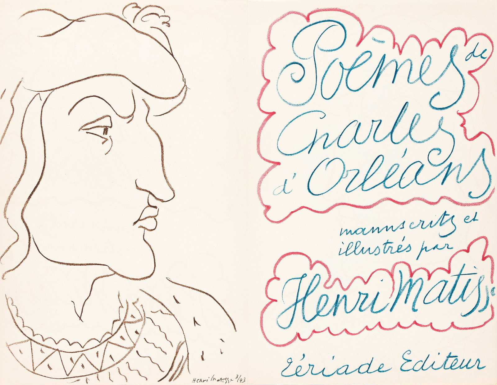 Henri Matisse (1869-1954), Poèmes de Charles d'Orléans, 1950.: Henri Matisse (1869-1954) Poèmes de Charles d'Orléans. Portfolio with complete text and 54 color lithographs, 1950. Edition of 1,200. Signed in pencil and numbered 591 on the justification p