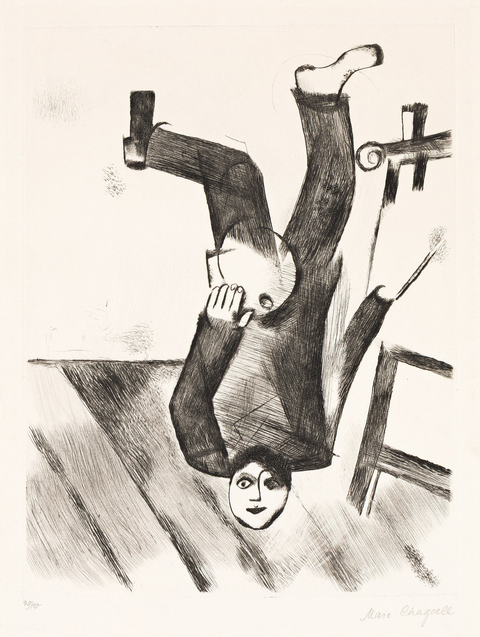 Marc Chagall (1887-1985), An der Staffelei, 1922.: Marc Chagall (1887-1985) An der Staffelei. Etching and drypoint, 1922. Signed and numbered 70/110 in pencil, lower margin. Published by Paul Cassirer, Berlin. From Mein Leben. Kornfeld 18. Plate: 9 3/