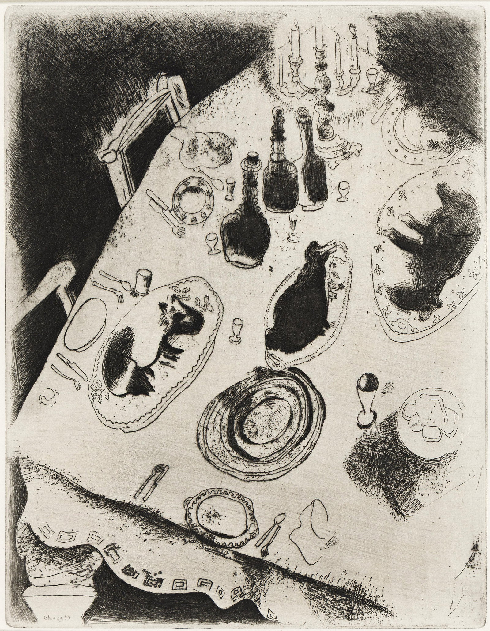 Marc Chagall (1887-1985), Three prints from "Les Âmes Mortes.",1923-27.: Marc Chagall (1887-1985) Three prints from "Les Âmes Mortes." Etching with drypoint on Arches MBM, 1923-27. La petite ville * La basse-cour * La table chargée de victuailles. Edition of 368