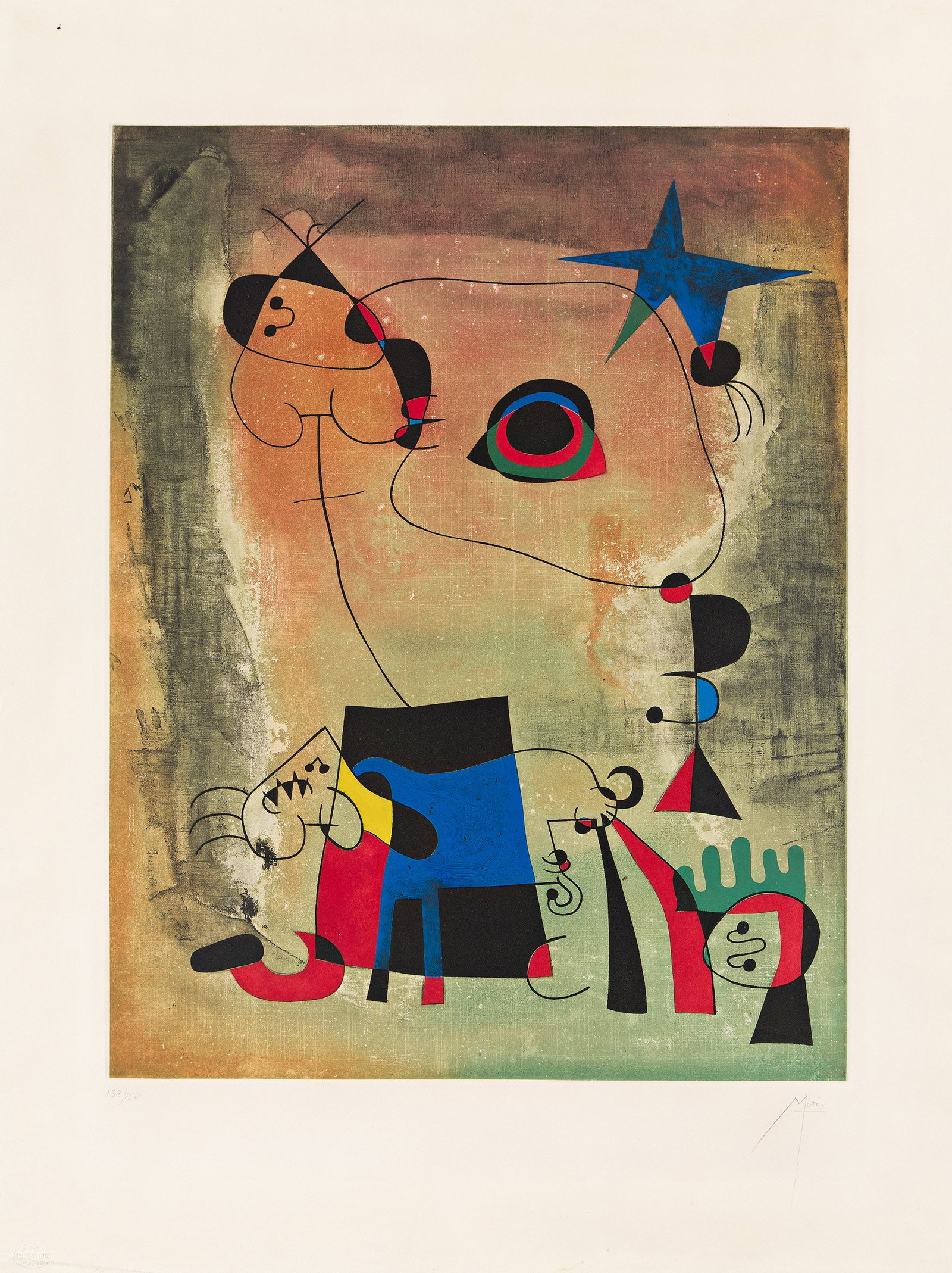 Joan Miró (After), Le Chien bleu, 1959.: Joan Miró (After) Le Chien bleu. Color aquatint and etching, 1959. Signed and numbered 138/150 in pencil, lower margin. Printed by Crommelynck, Paris, with the blind stamp, lower left. Published