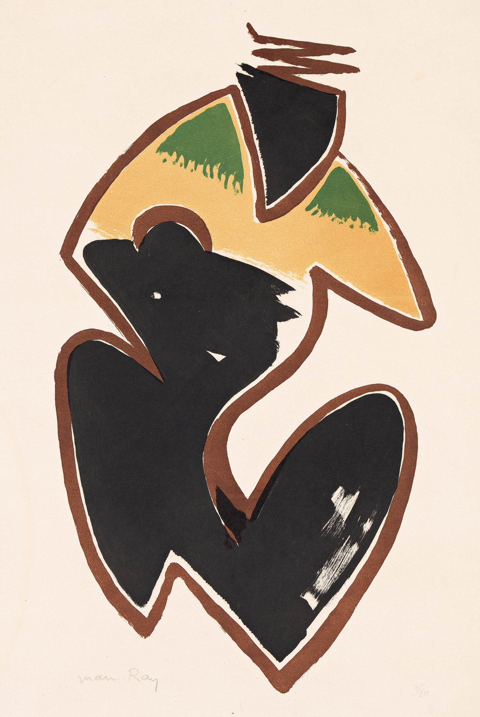 Man Ray (1890-1976), Post-Columbian Object, 1957.: Man Ray (1890-1976) Post-Columbian Object. Color lithograph, 1957. Signed and numbered 35/200 in pencil, lower margin. Published by Guilde de la Gravure, Geneva, with the blind stamp lower left. Ansel
