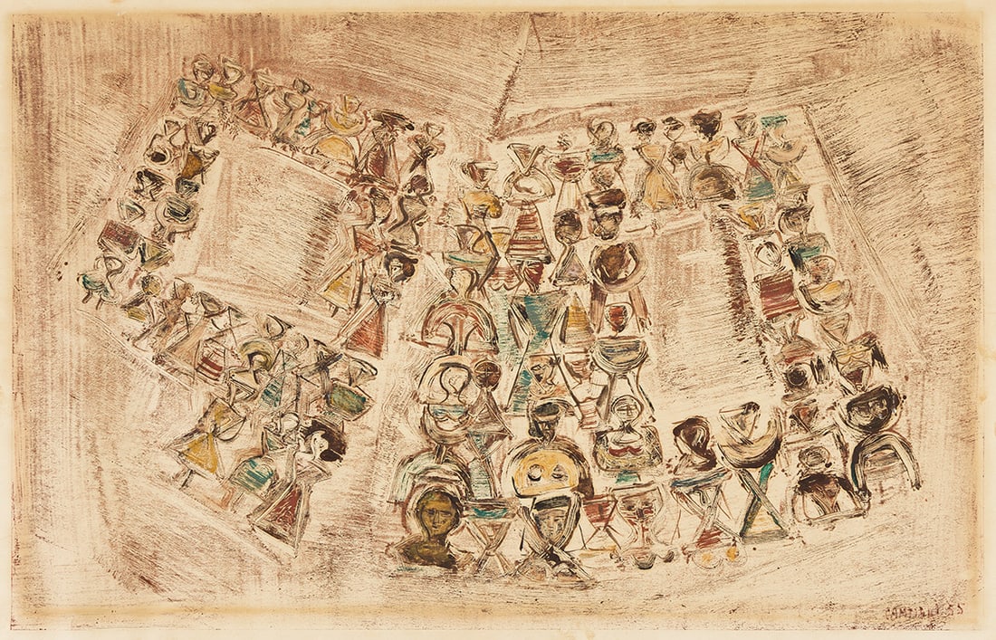 Massimo Campigli (1895-1971), Composizione con figure, 1955.: Massimo Campigli (1895-1971) Composizione con figure. Color monotype, 1955. Signed and dated within the image, lower right. 20 x 31 1/2 in. (50.8 x 80 cm.), wide margins.