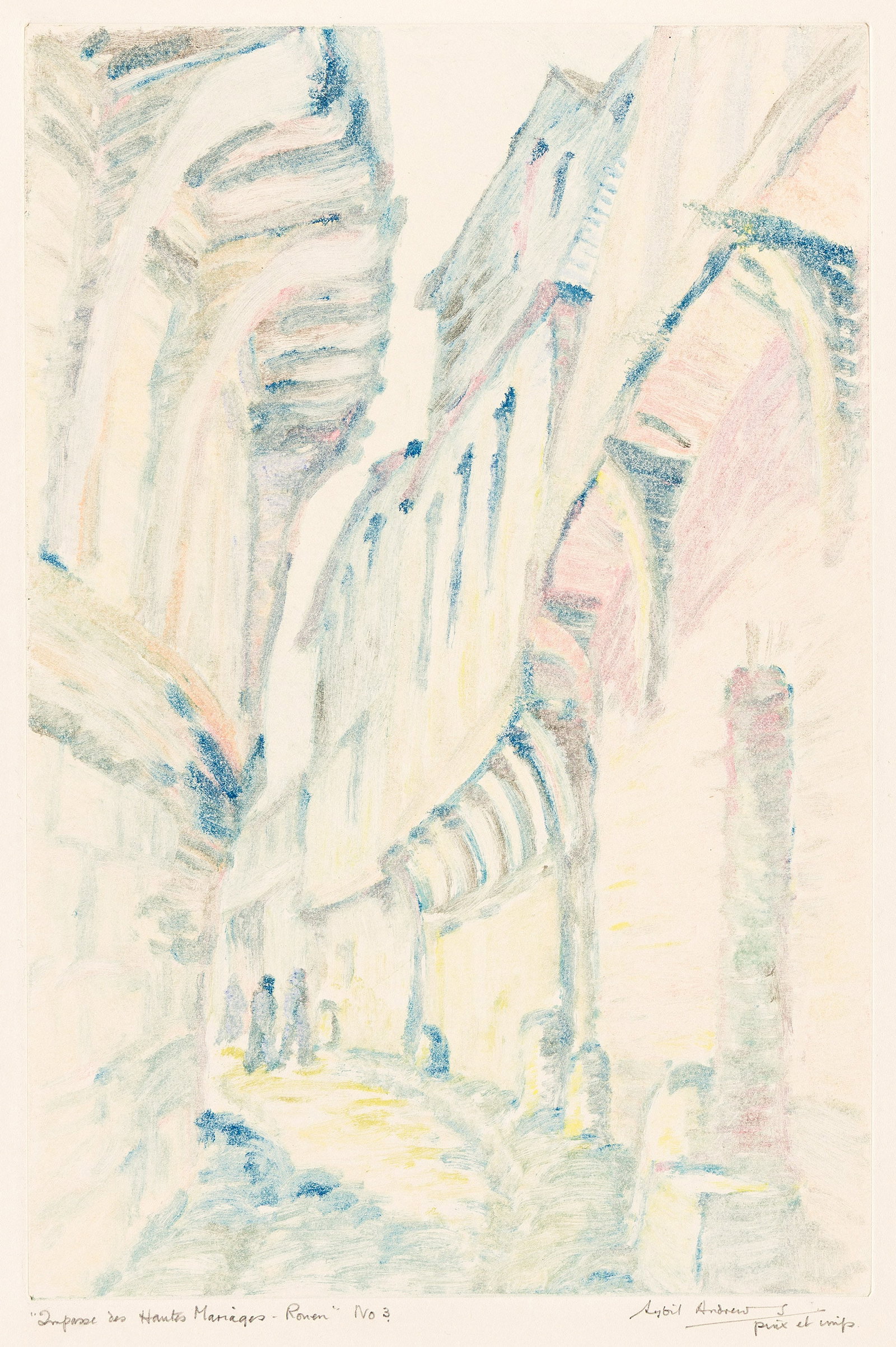 Sybil Andrews (1898-1992), Impasse des hautes Mariages – Rouen, circa 1925.: Sybil Andrews (1898-1992) Impasse des hautes Mariages – Rouen. Color monotype, circa 1925. Signed, titled and inscribed "No. 3" and "pinx et imp." in pencil, lower margin. Plate: 11 7/8 x 7 7/8