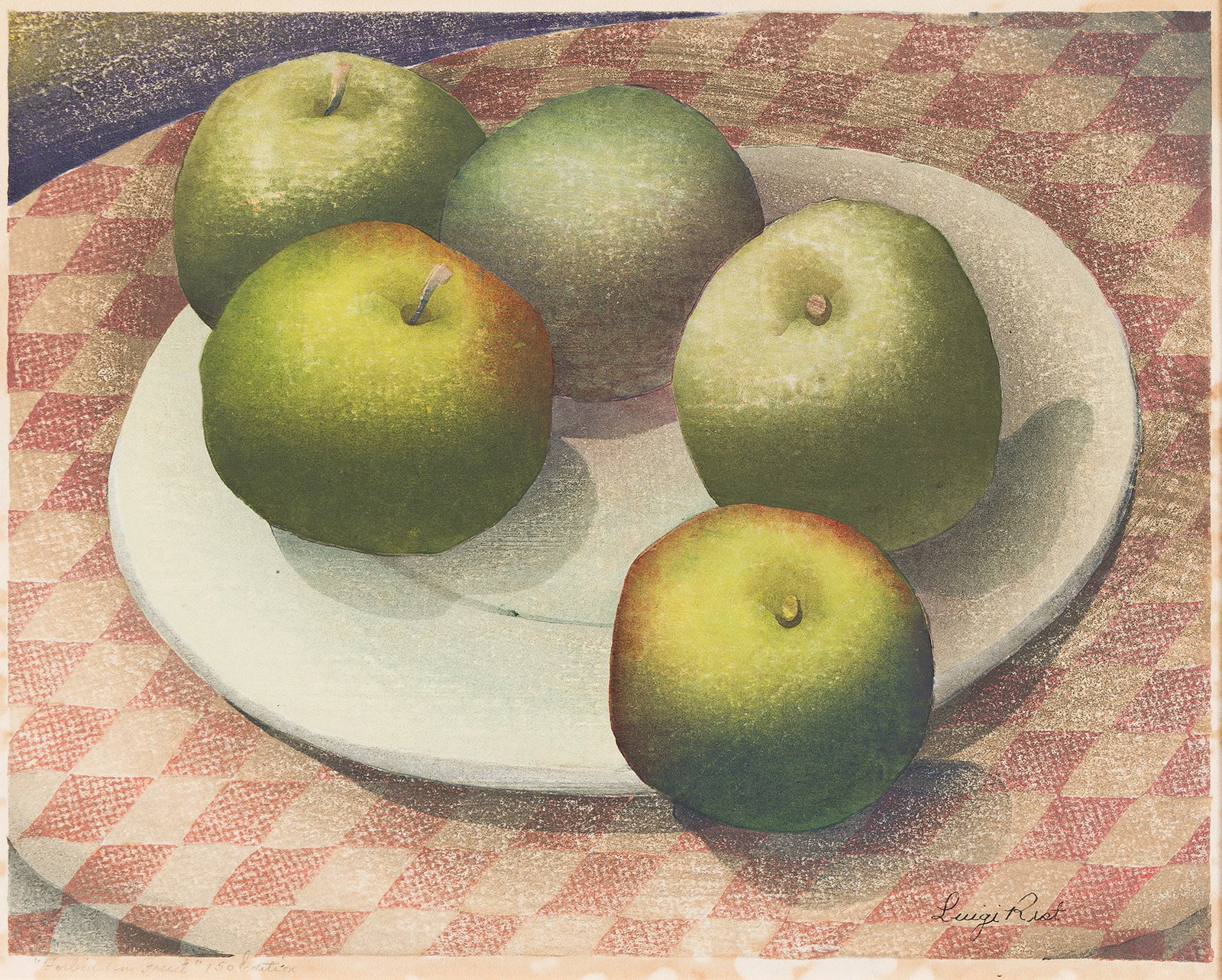 Luigi Rist (1888-1959) Forbidden Fruit, 1948.: Luigi Rist (1888-1959) Forbidden Fruit. Color woodcut on Japan paper, 1948. Edition of 150. Signed in ink, lower right. Titled in pencil, lower left. Image: 9 1/4 x 11 7/8 in. (23.5 x 30.2 cm.), wide