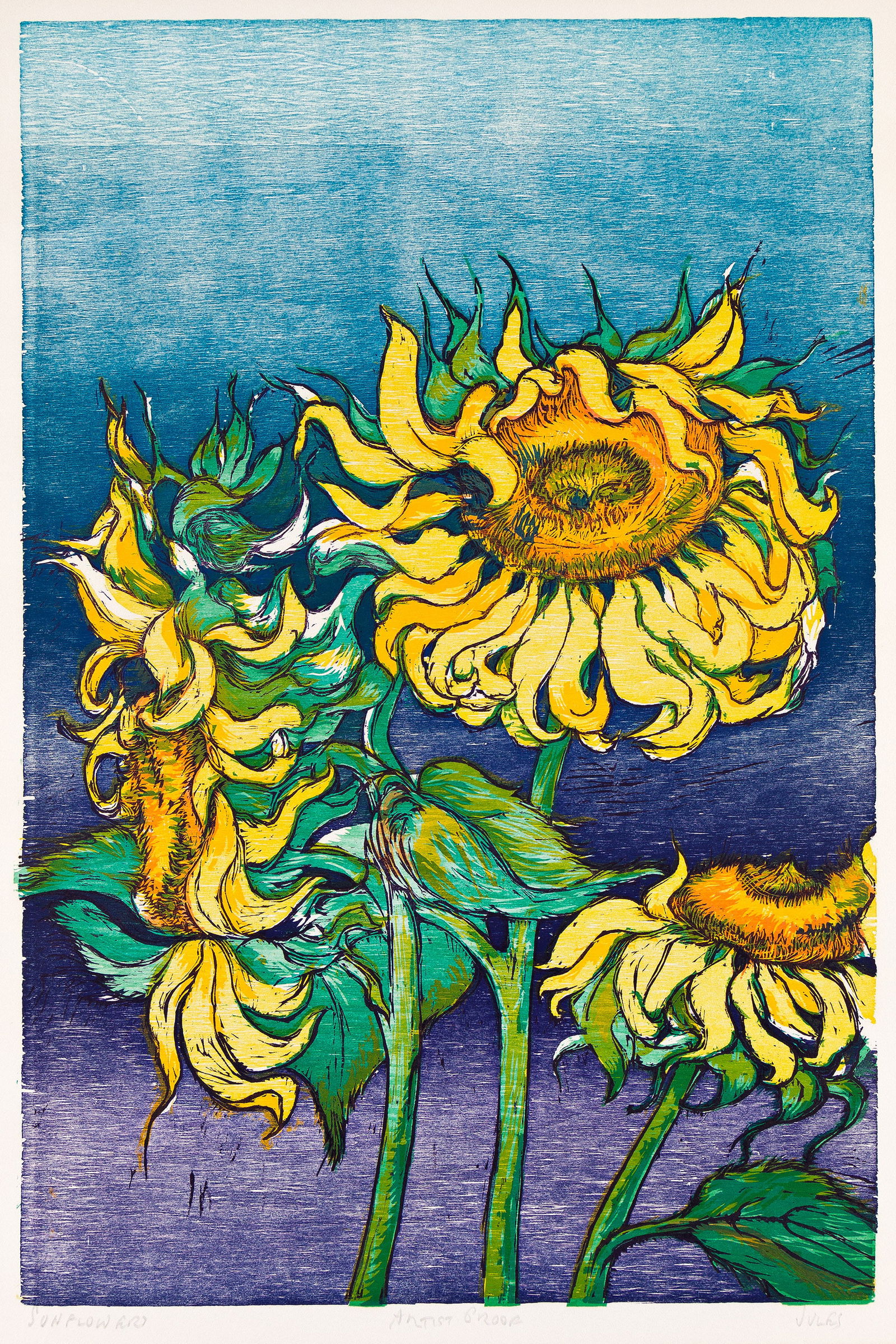 Mervin Jules (1912-1994), Sunflowers.: Mervin Jules (1912-1994) Sunflowers. Color woodcut. Signed, titled and inscribed "artist proof" in pencil, lower margin. Image: 23 3/4 x 15 7/8 in. (60.3 x 40.3 cm.), full margins. Frame: 32 3/4 x 21