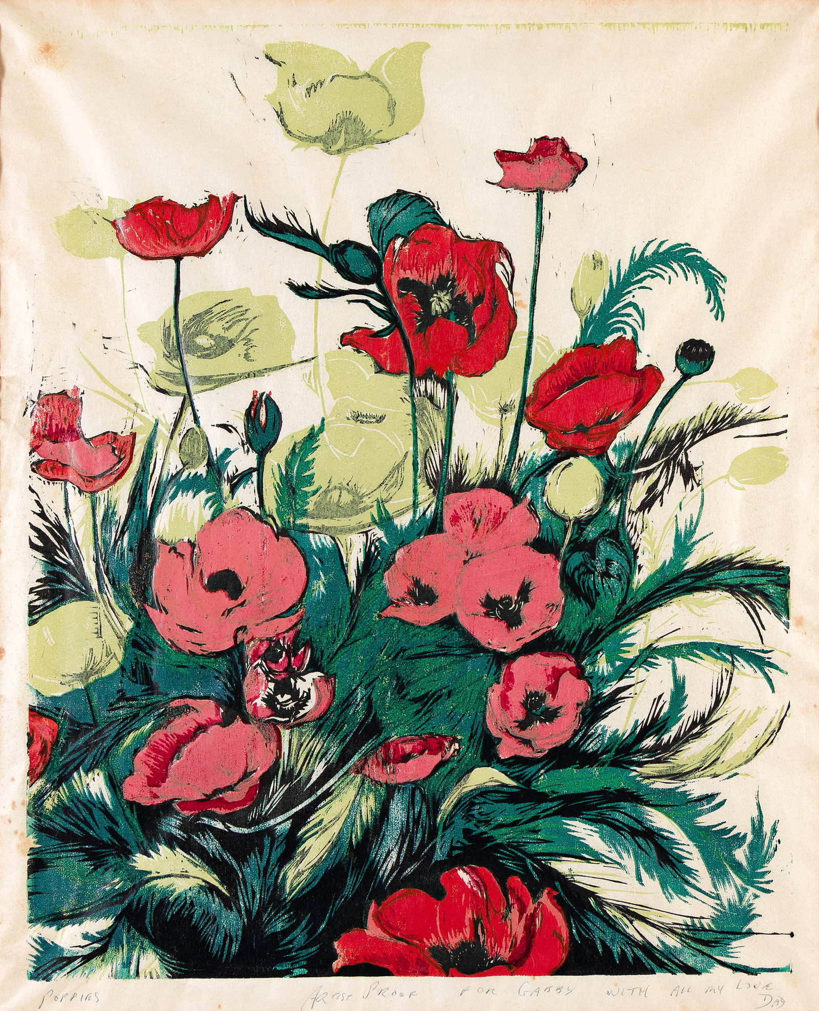 Mervin Jules (1912-1994), Two impressions of "Poppies.": Mervin Jules (1912-1994) Two impressions of "Poppies." i) Color woodcut on tissue-thin Japan paper. Signed, titled, inscribe