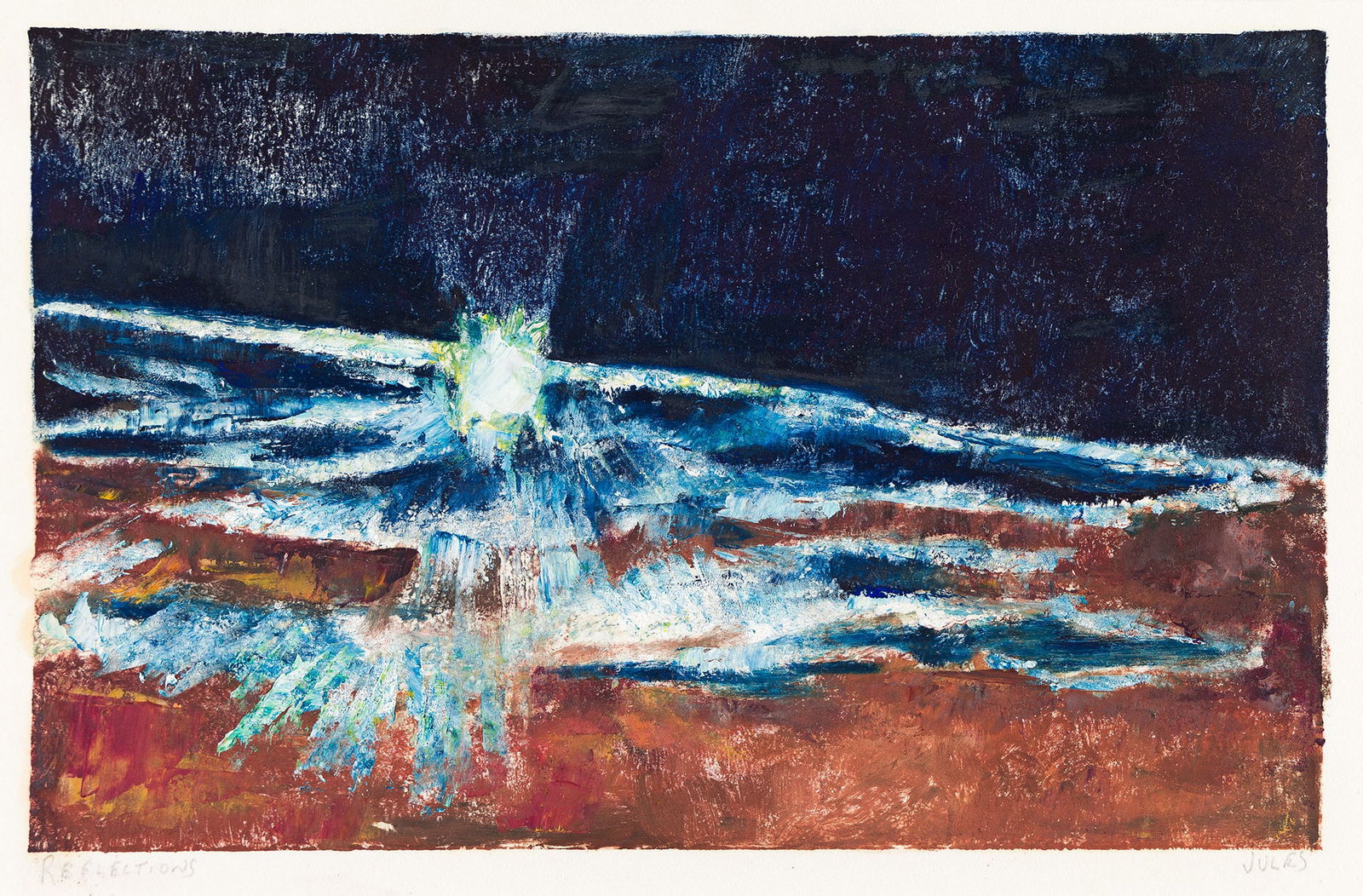 Mervin Jules (1912-1994), Reflections.: Mervin Jules (1912-1994) Reflections. Color monotype on Japan paper. Signed and titled in pencil, lower margin. Image: 8 1/4 x 12 7/8 in. (21 x 32.7 cm.), full margins. Frame: 16 3/4 x 21 1/2 in. (42.