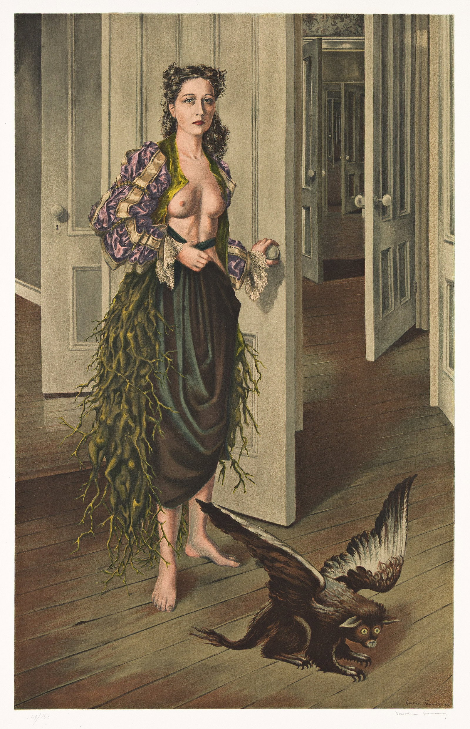 Dorothea Tanning (1910-2012), Birthday (Self Portrait at Age 30).: Dorothea Tanning (1910-2012) Birthday (Self Portrait at Age 30). Color offset lithograph. Signed and numbered 149/150 in pencil, lower margin. Plate: 22 5/8 x 14 3/8 in. (57.5 x 36.5 cm.), wide margin