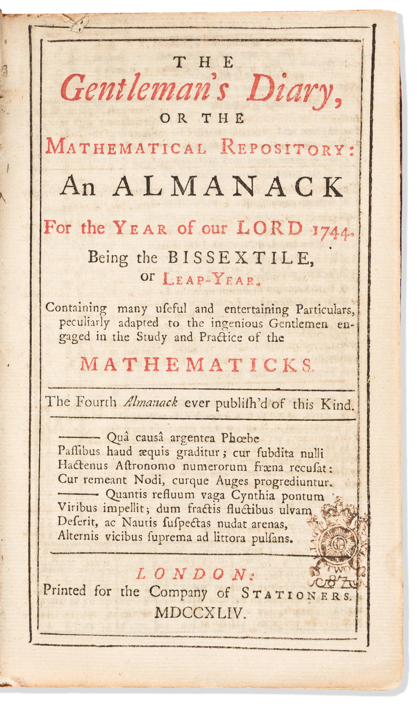 1744. Almanacs. Sammelband of Thirteen English Almanacs from 1744. (1 of 2)