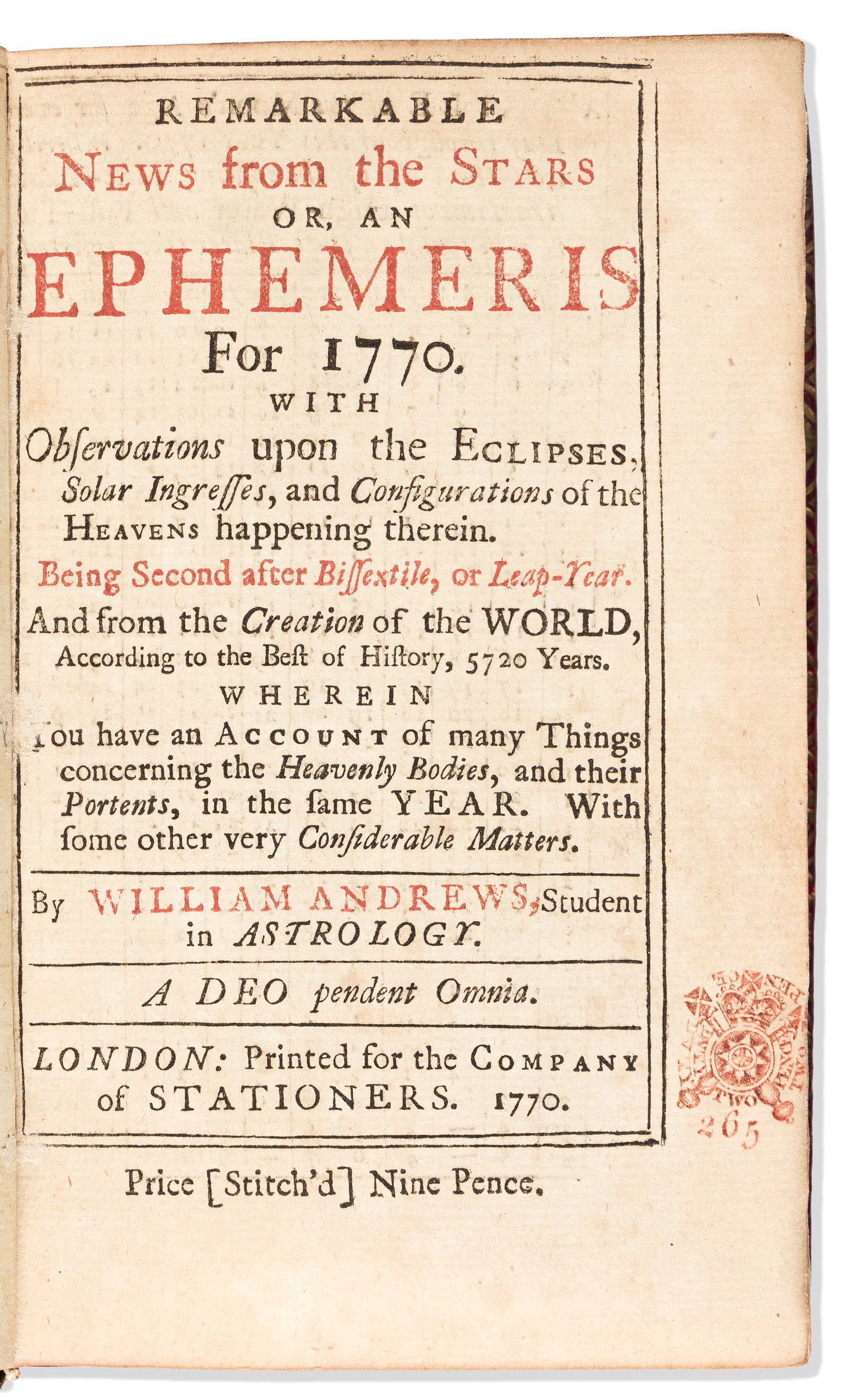1770. Almanacs. Sammelband of Twelve English Almanacs from 1770. (1 of 2)