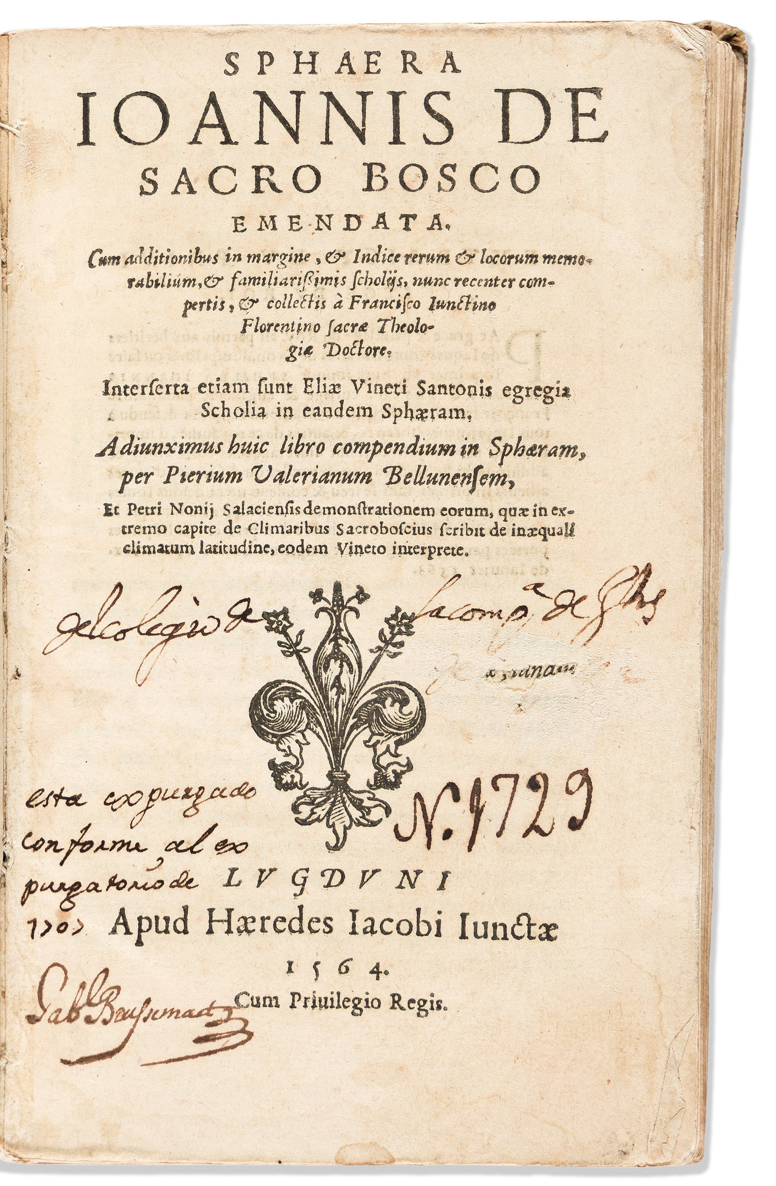 Johannes de Sacrobosco (1195-1256) Sphaera Emendata. Lyon: Apud Haeredes Iacobi Iunctae, 1564. (1 of 1)