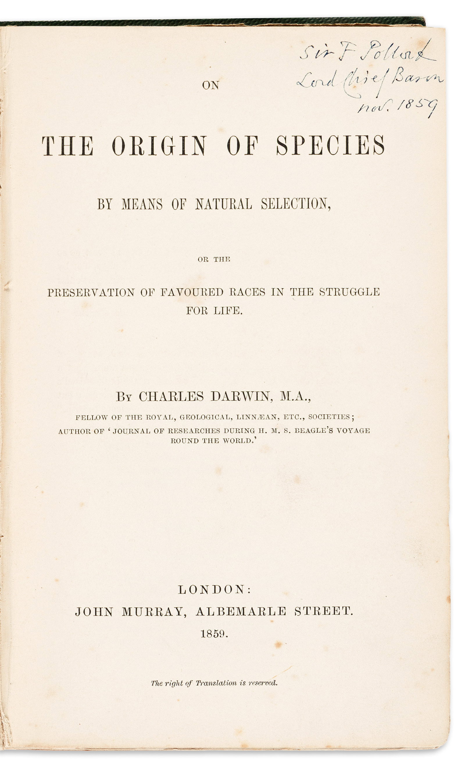 Charles Darwin (1809-1882) On the Origin of Species. First London Edition with Interesting (1 of 3)