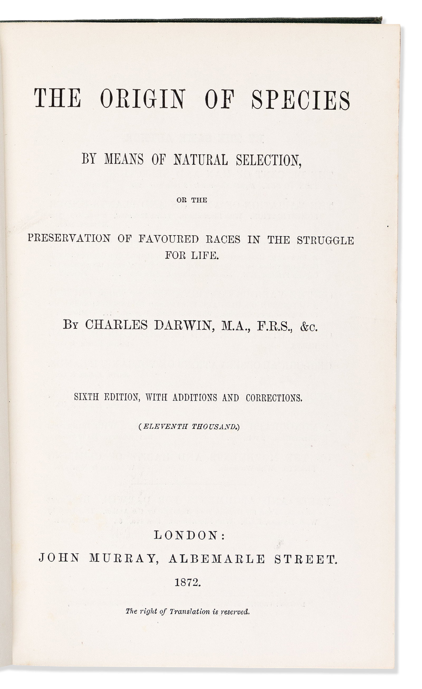 Charles Darwin (1809-1882) The Origin of Species. London: John Murray, 1872. (1 of 1)
