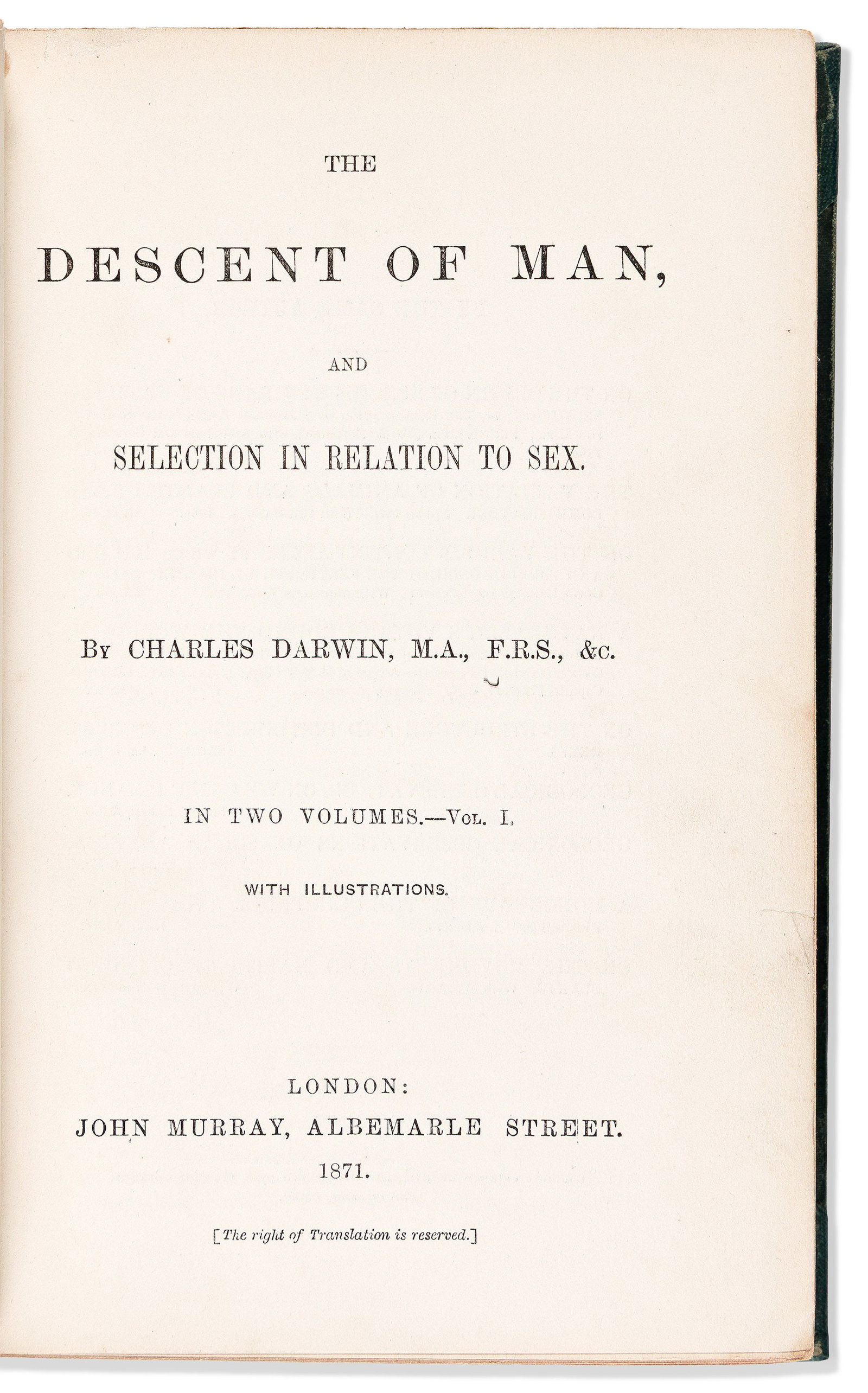 Charles Darwin (1809-1882) Descent of Man. First London Edition. London: John Murray, 1871. (1 of 1)
