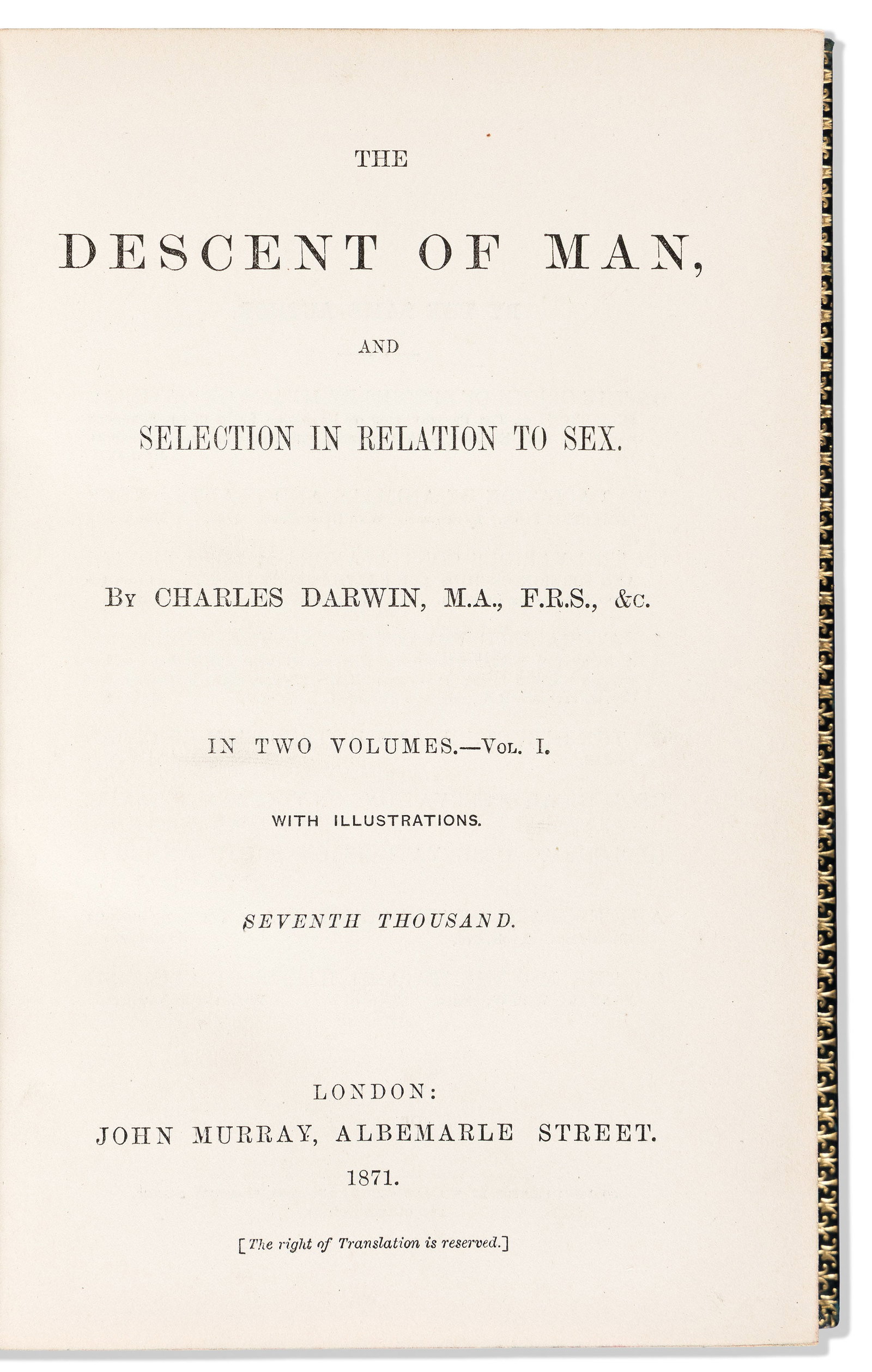 Charles Darwin (1809-1882) The Descent of Man, and Selection in Relation to Sex. London: John (1 of 1)