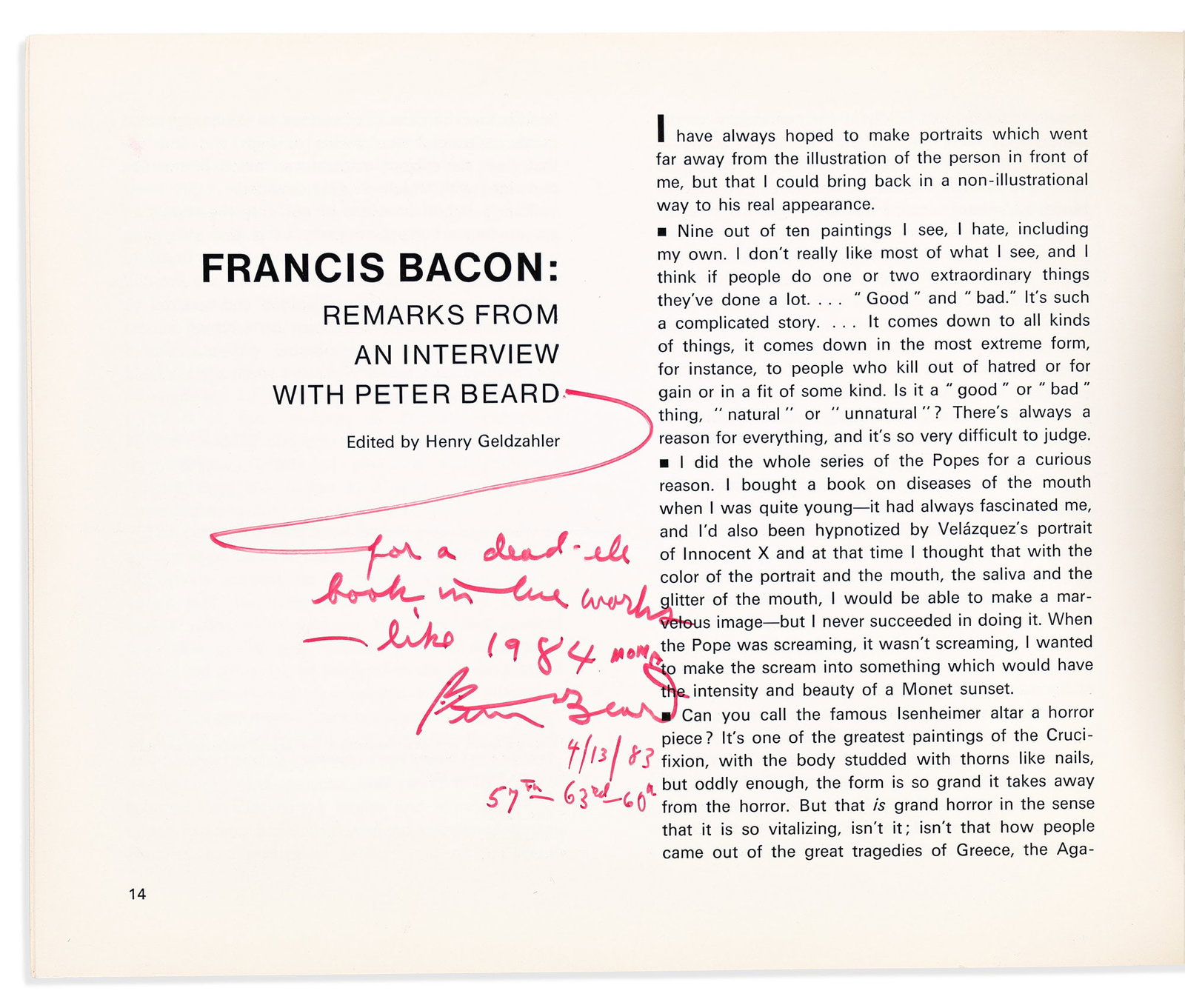 Francis Bacon Recent Paintings (1968-1974). Inscribed by Peter Beard. New York: The Metropolitan (1 of 3)