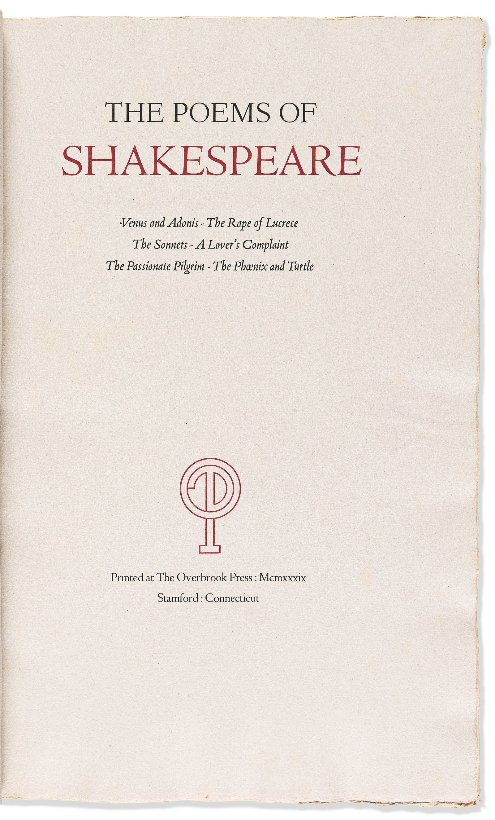 William Shakespeare (1564-1616) The Poems of William Shakespeare. Stamford, CT: Overbrook Press, (1 of 1)