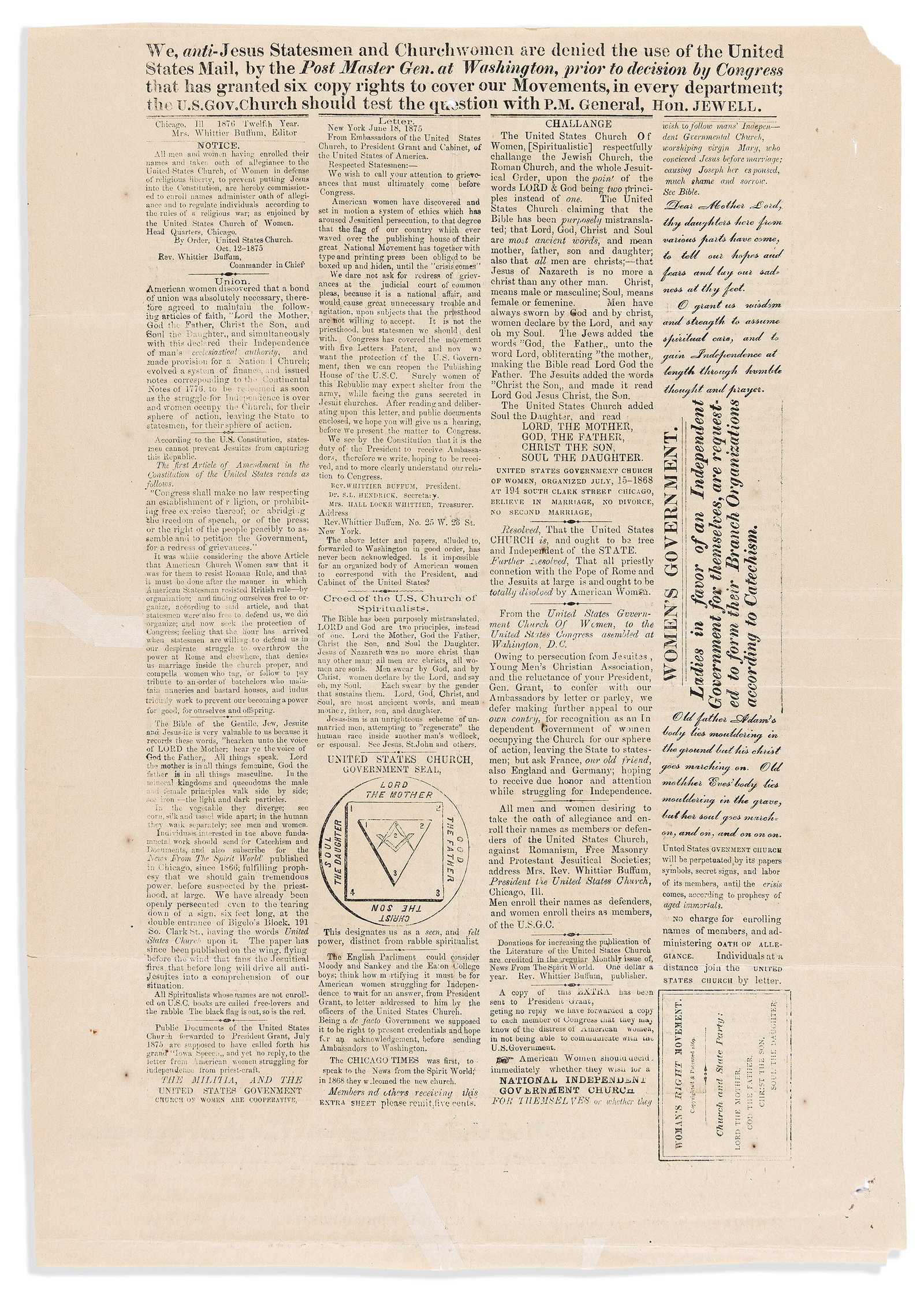 Adaline Mendum Buffum (1822-1888) Extra. Fourth July, 1876, Chicago. WOMENS' POWER. Chicago: Woman's (1 of 2)