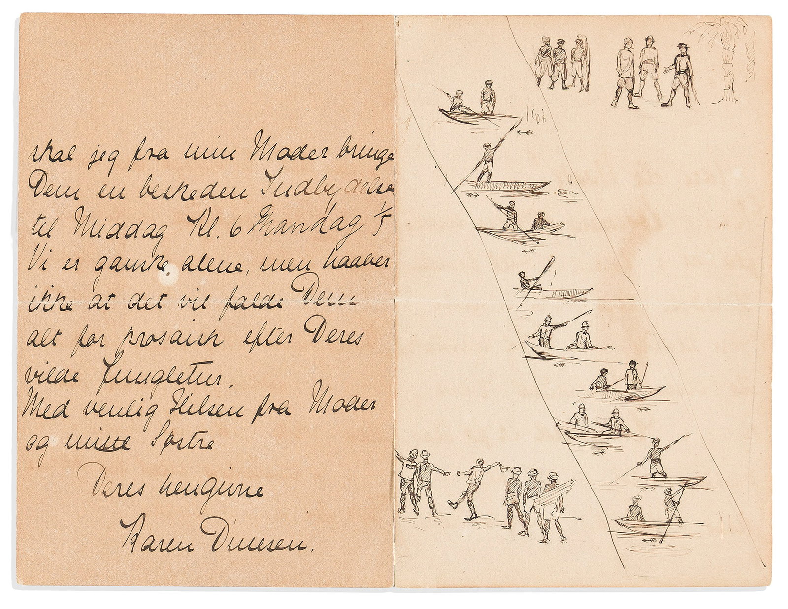 Isak Dinesen [aka Karen Blixen] (1885-1962) Autograph Letter Signed with Illustrations. Undated. (1 of 2)