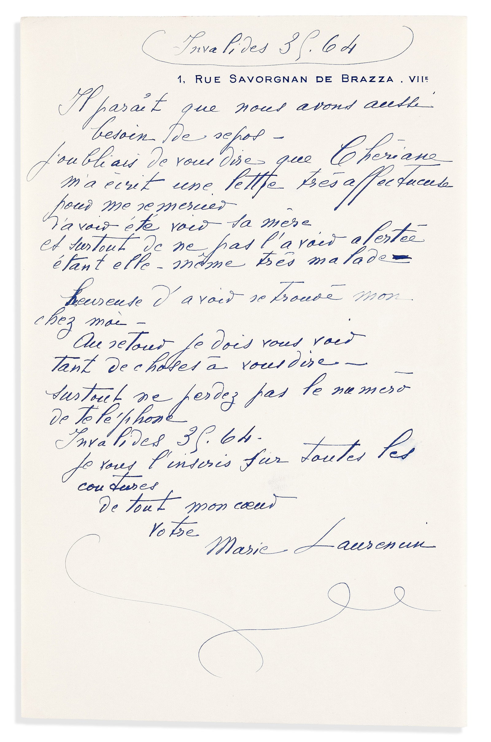 Marie Laurencin (1883-1956) Autograph Letter Signed & Postcard. (1 of 3)