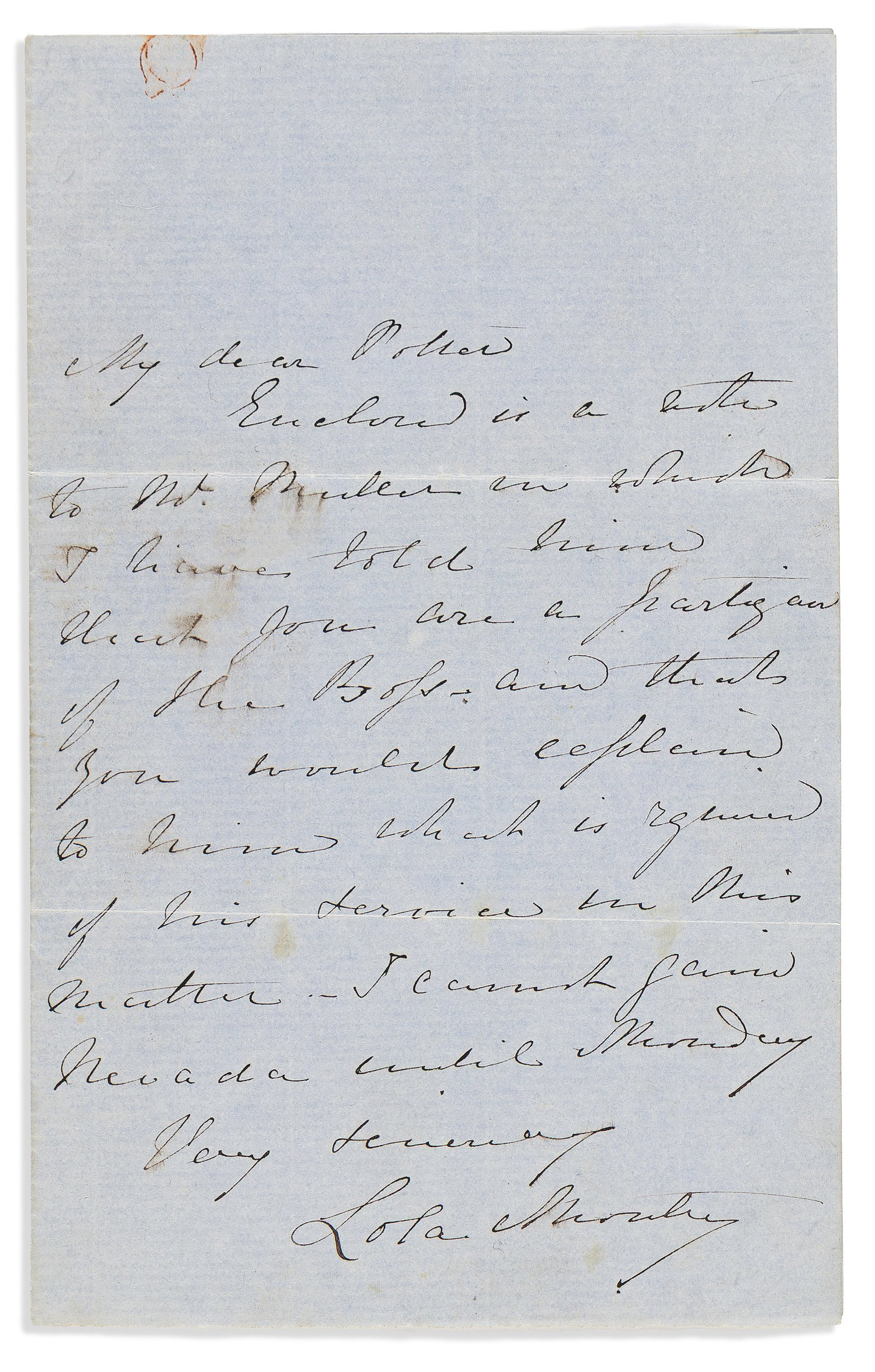 Lola Montez (1821-1861) Autograph Letter Signed. California, circa 1853-1855. (1 of 1)