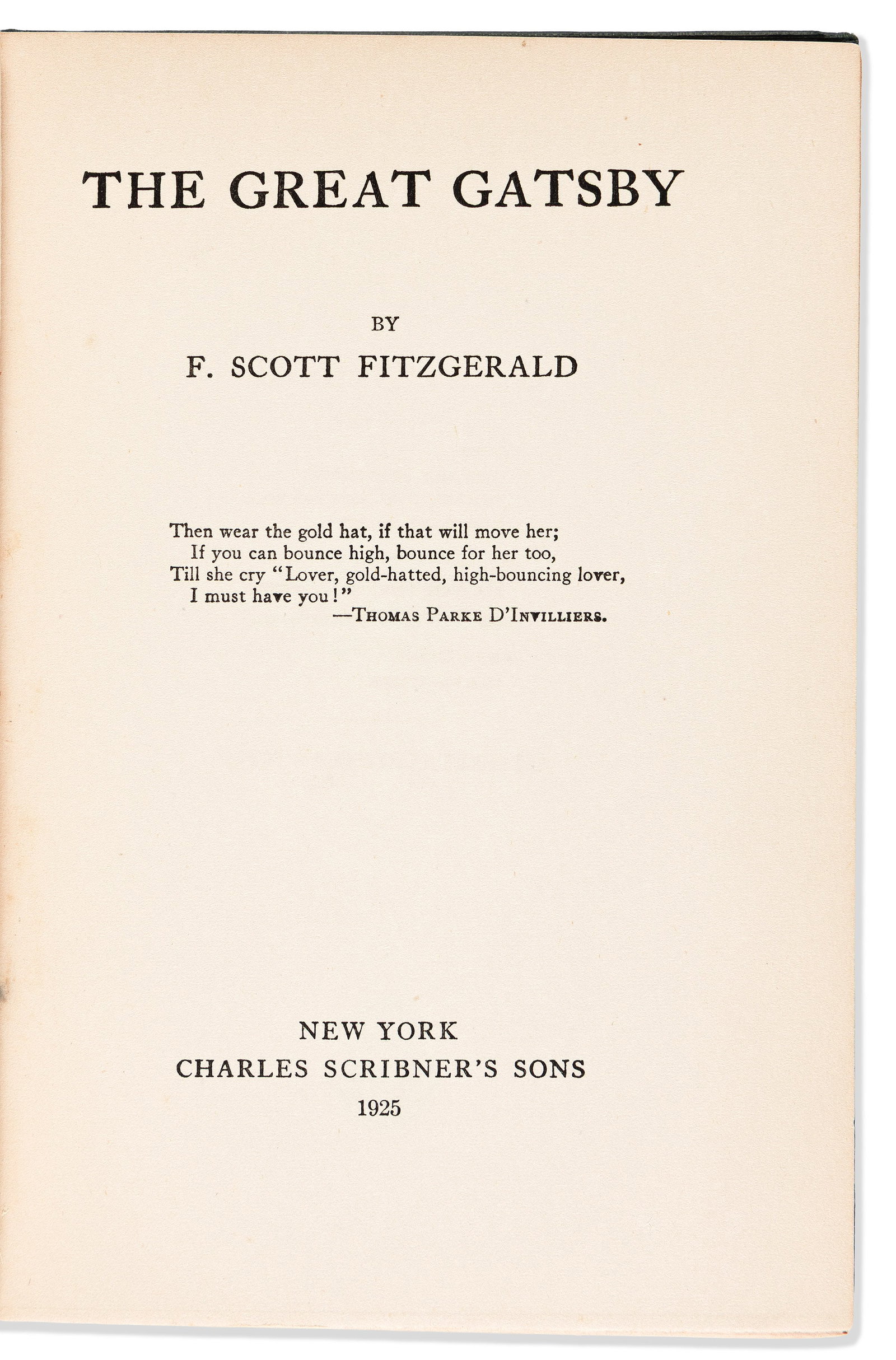 F. Scott Fitzgerald (1896-1940) The Great Gatsby. First Edition. New York: Charles Scribner's Sons, (1 of 1)